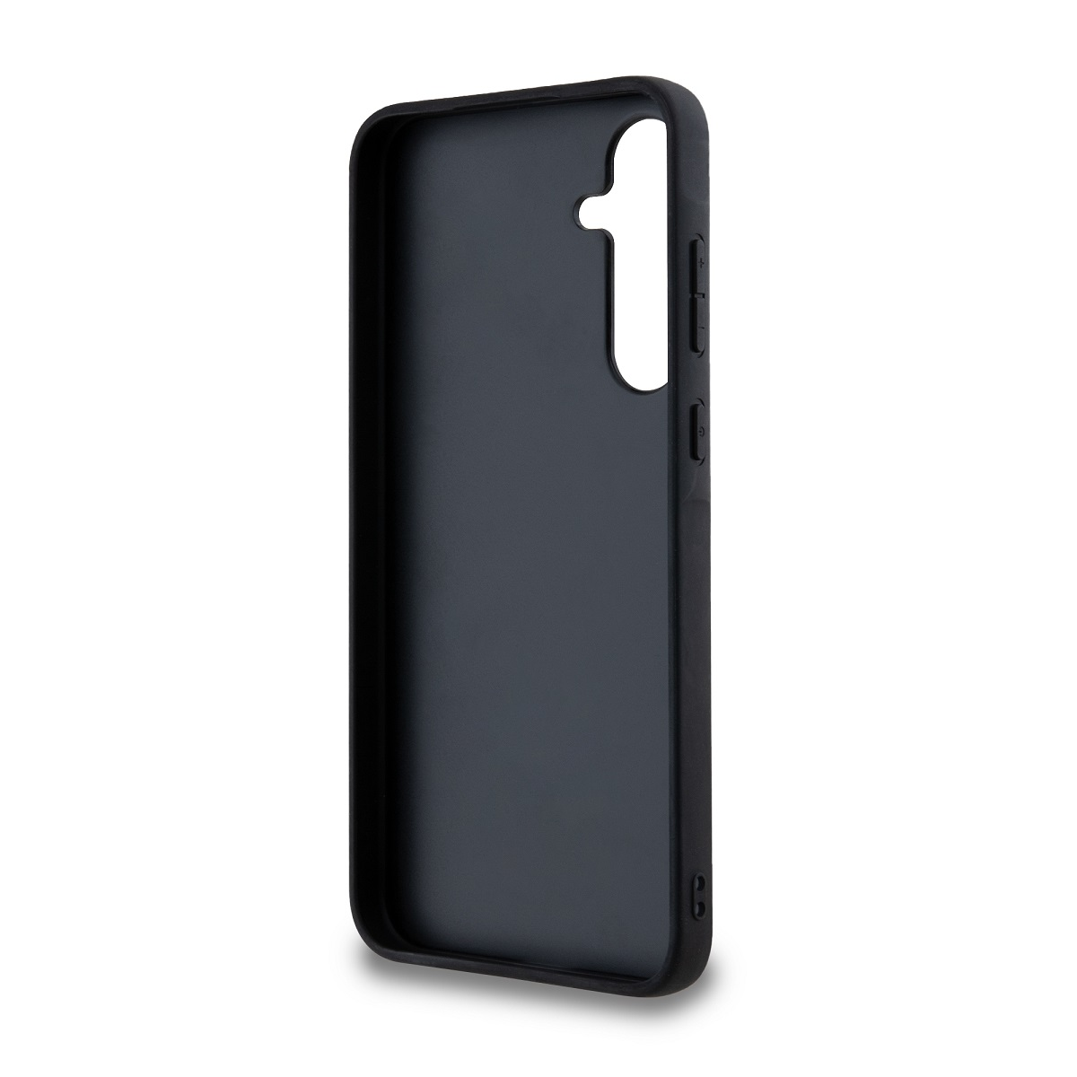 Una custodia per telefono nera con ritagli per la fotocamera e i pulsanti.
