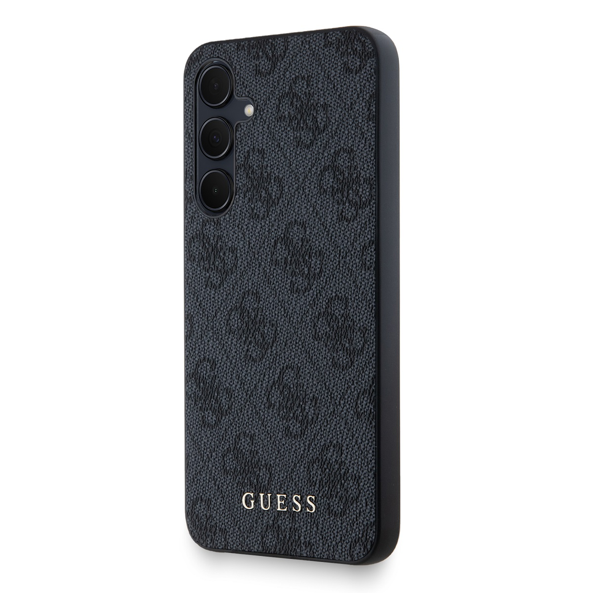 Custodia nera con logo Guess e motivo ripetuto.