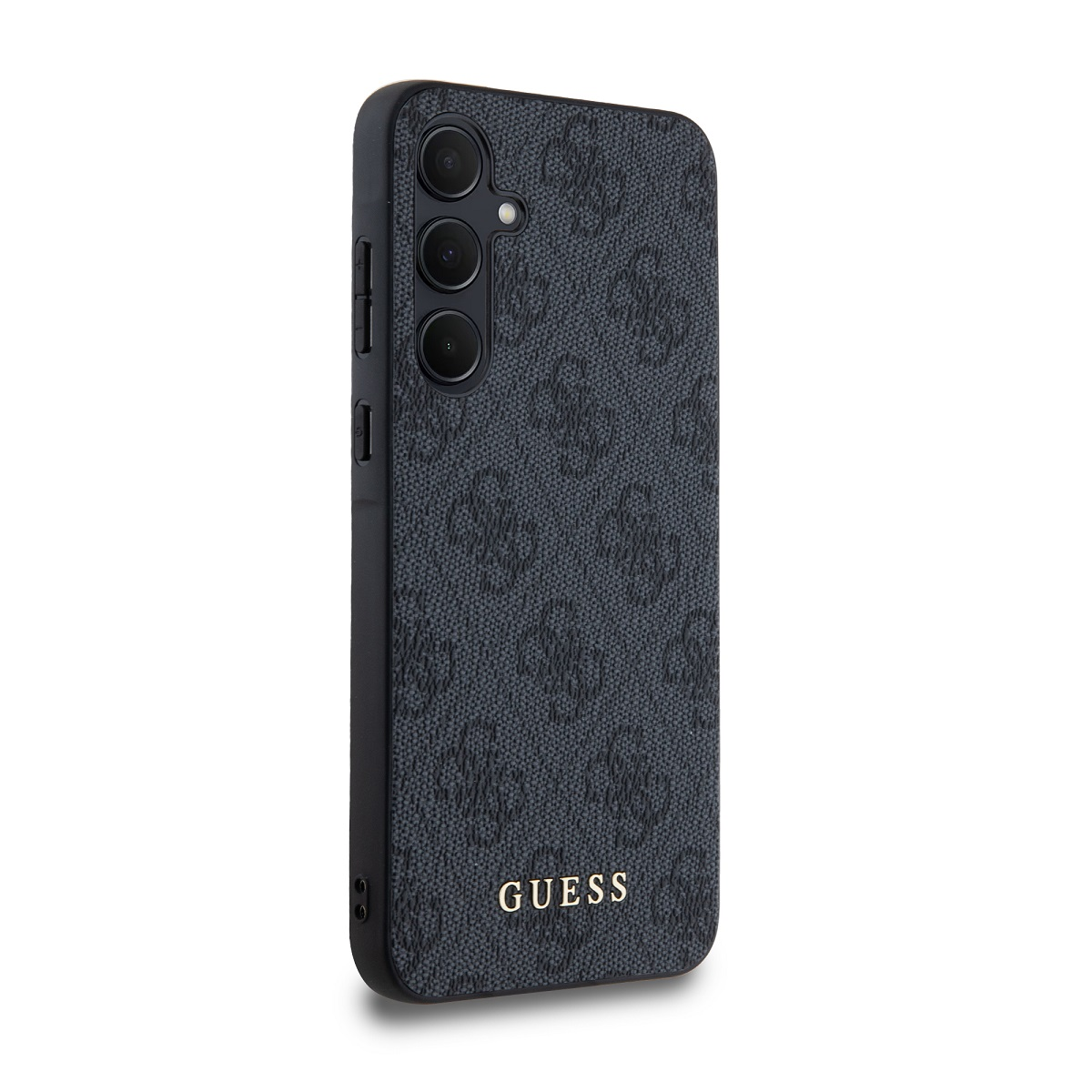 Custodia nera con logo Guess. La custodia ha un motivo.