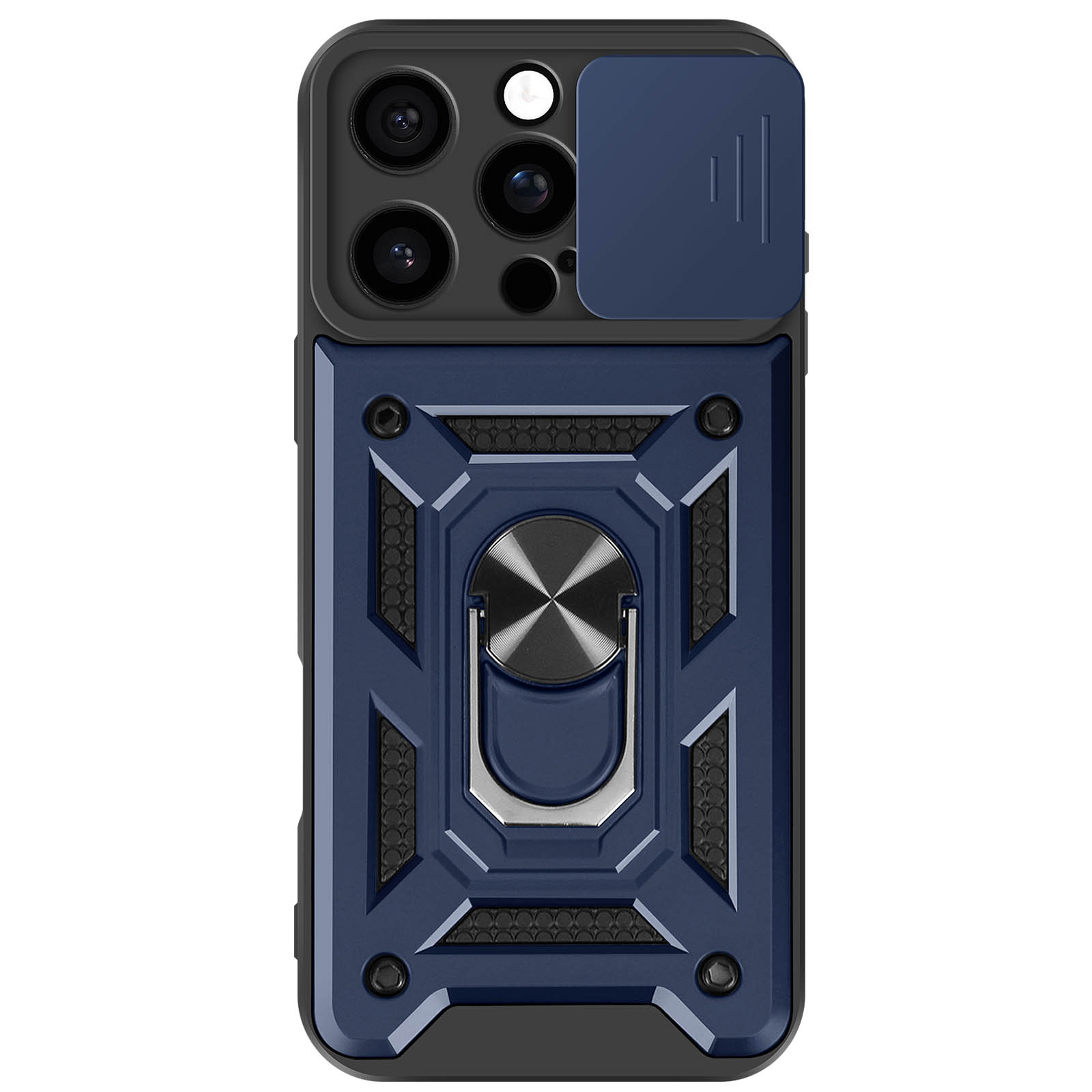 Custodia per telefono blu e nera. Con copertura fotocamera, supporto ad anello e design geometrico.
