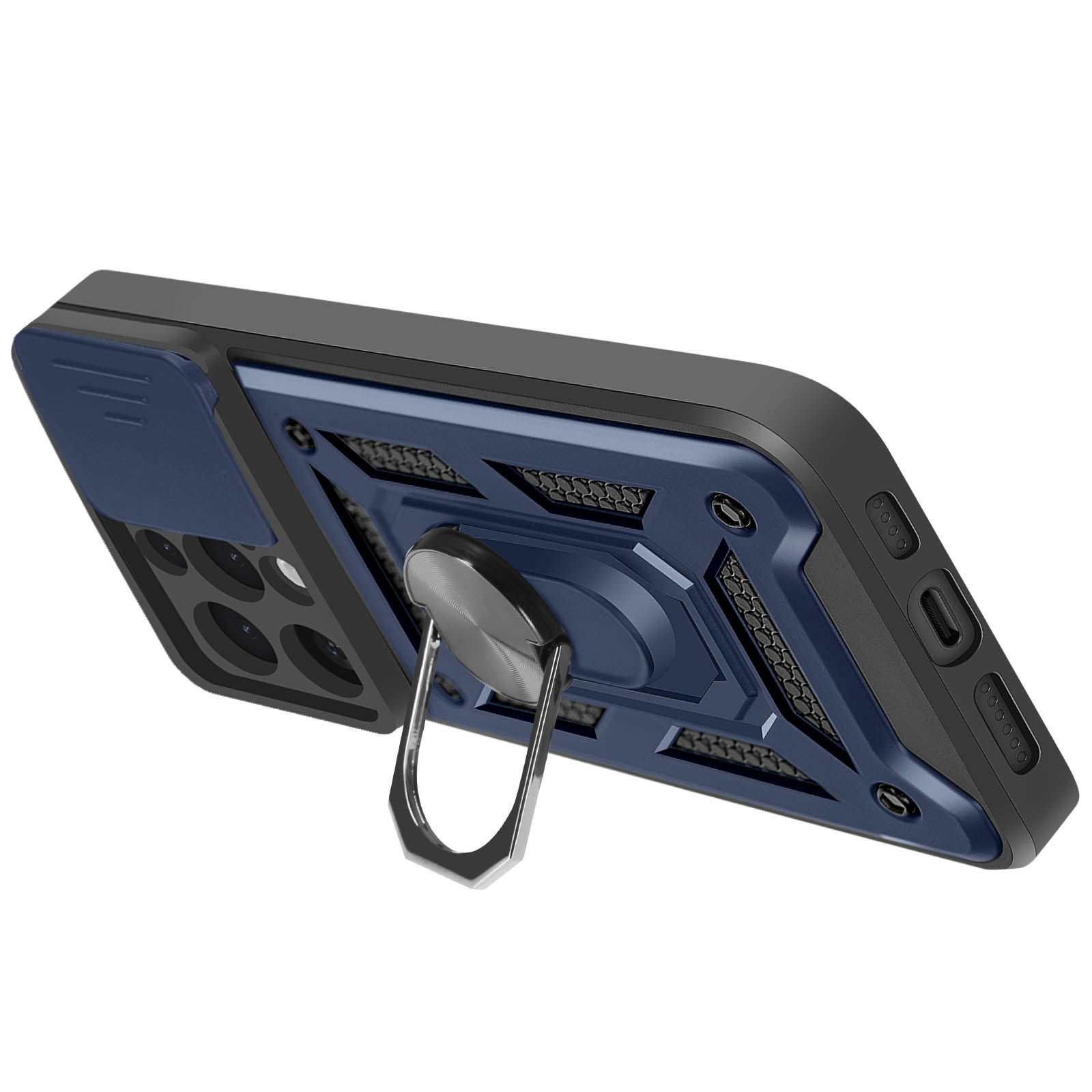 Una custodia per telefono blu e nera con un anello sul retro. La sezione della fotocamera è visibile.