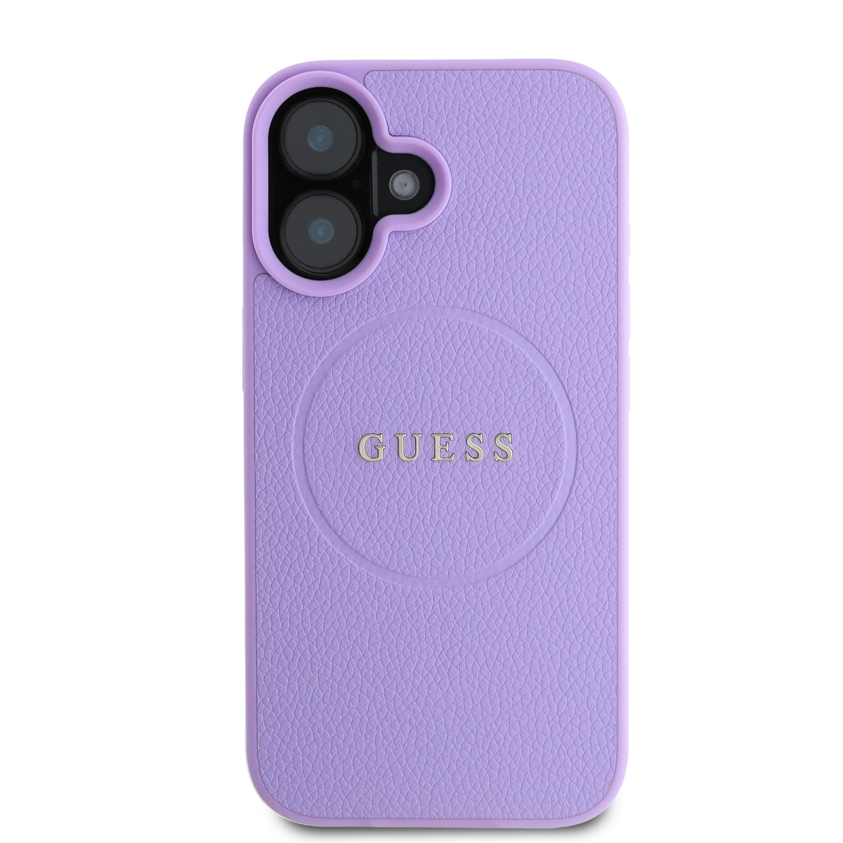 Custodia viola per telefono con due lenti della fotocamera e logo Guess su sfondo bianco.