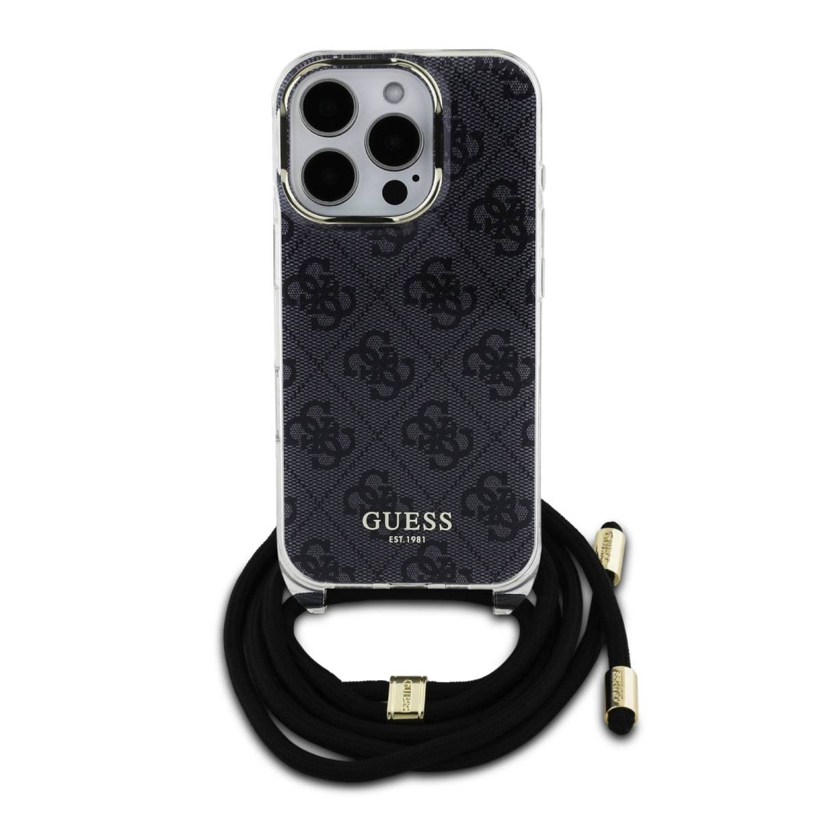 Custodia nera per telefono con logo e motivo Guess. Il telefono ha una tracolla nera.