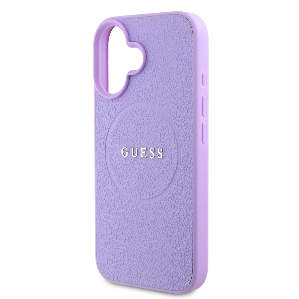 Custodia viola per telefono con il logo Guess su sfondo bianco.