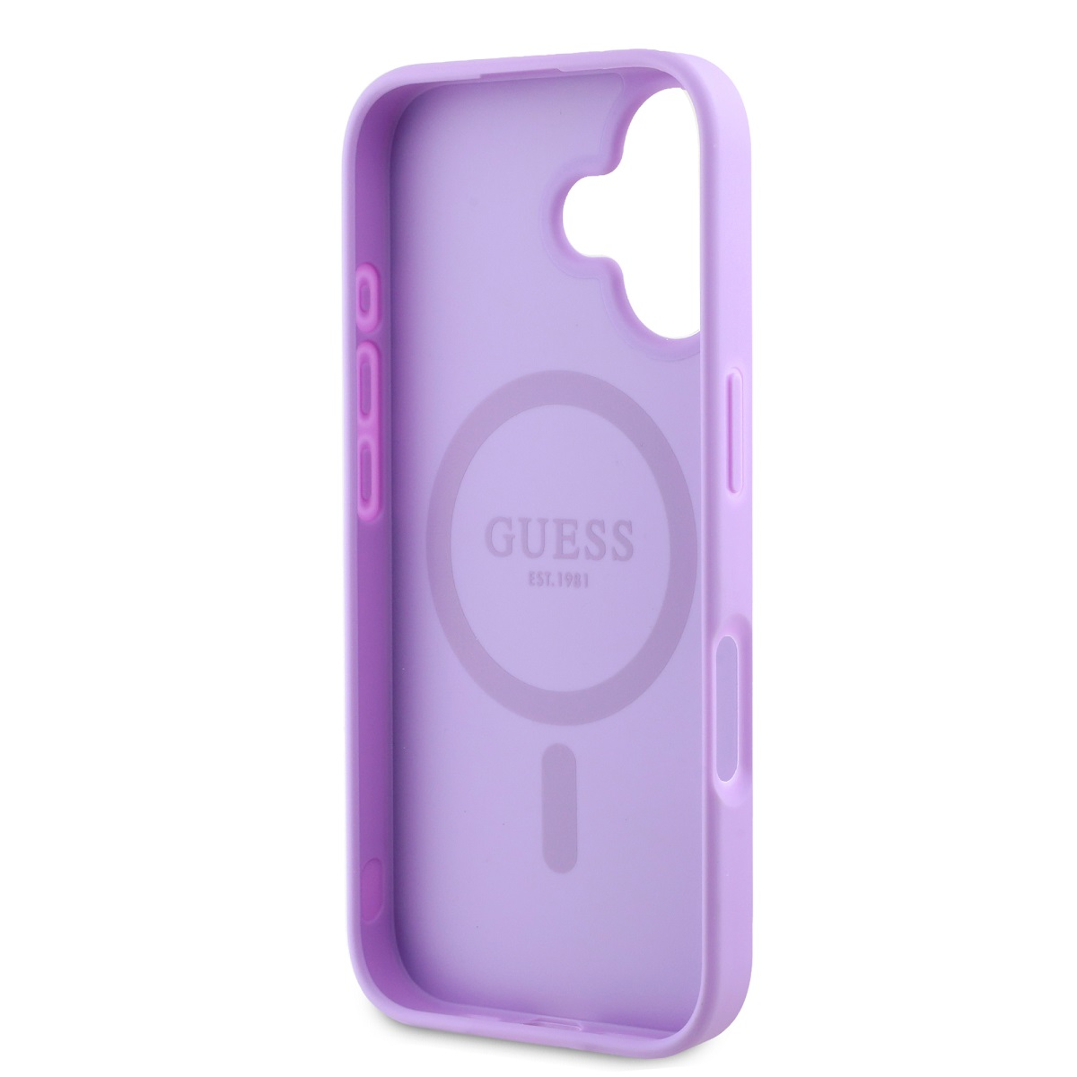 Custodia per telefono viola con logo Guess. Apertura della fotocamera del telefono in alto. Sfondo bianco.