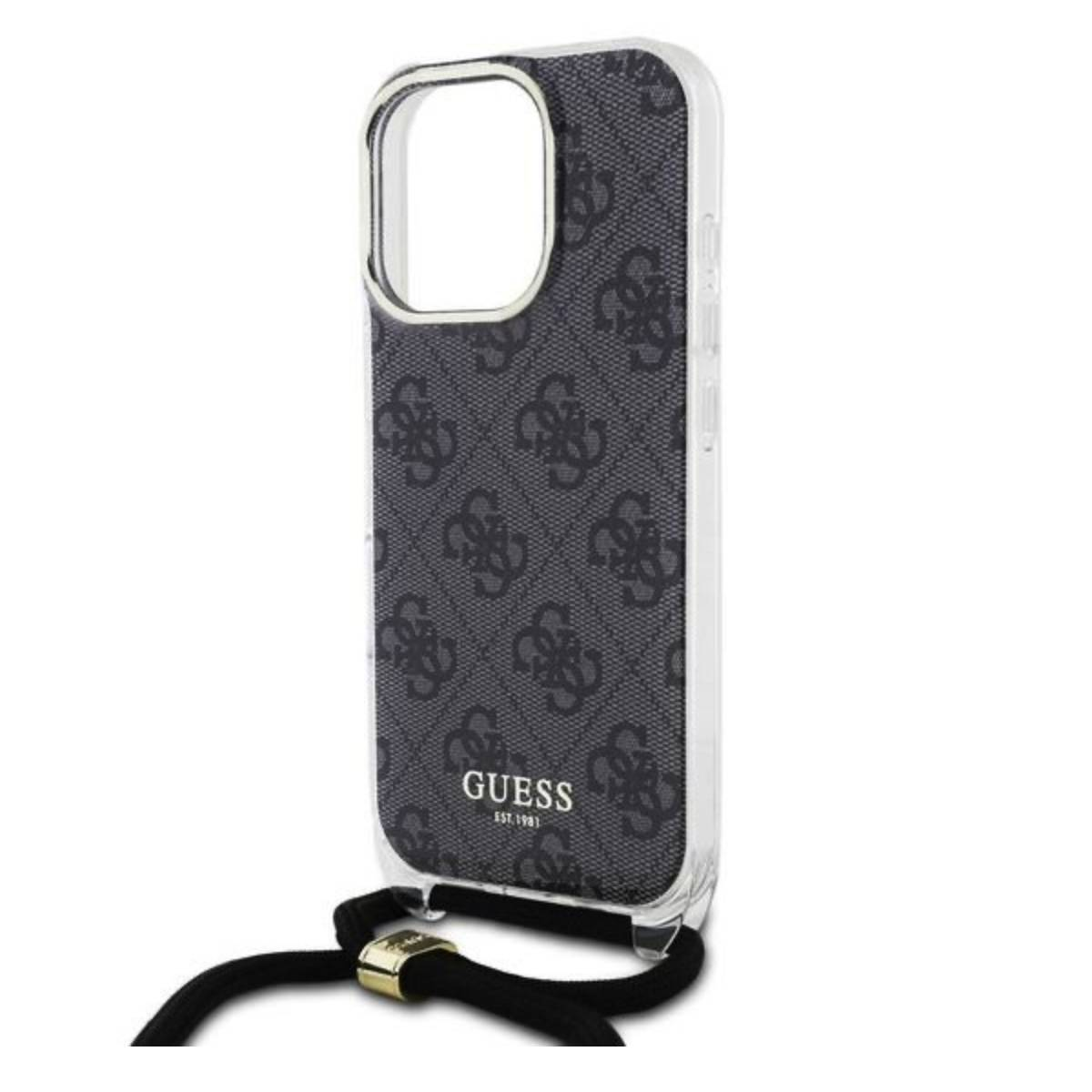 Custodia per telefono Guess nera e grigia con cinturino su sfondo bianco.