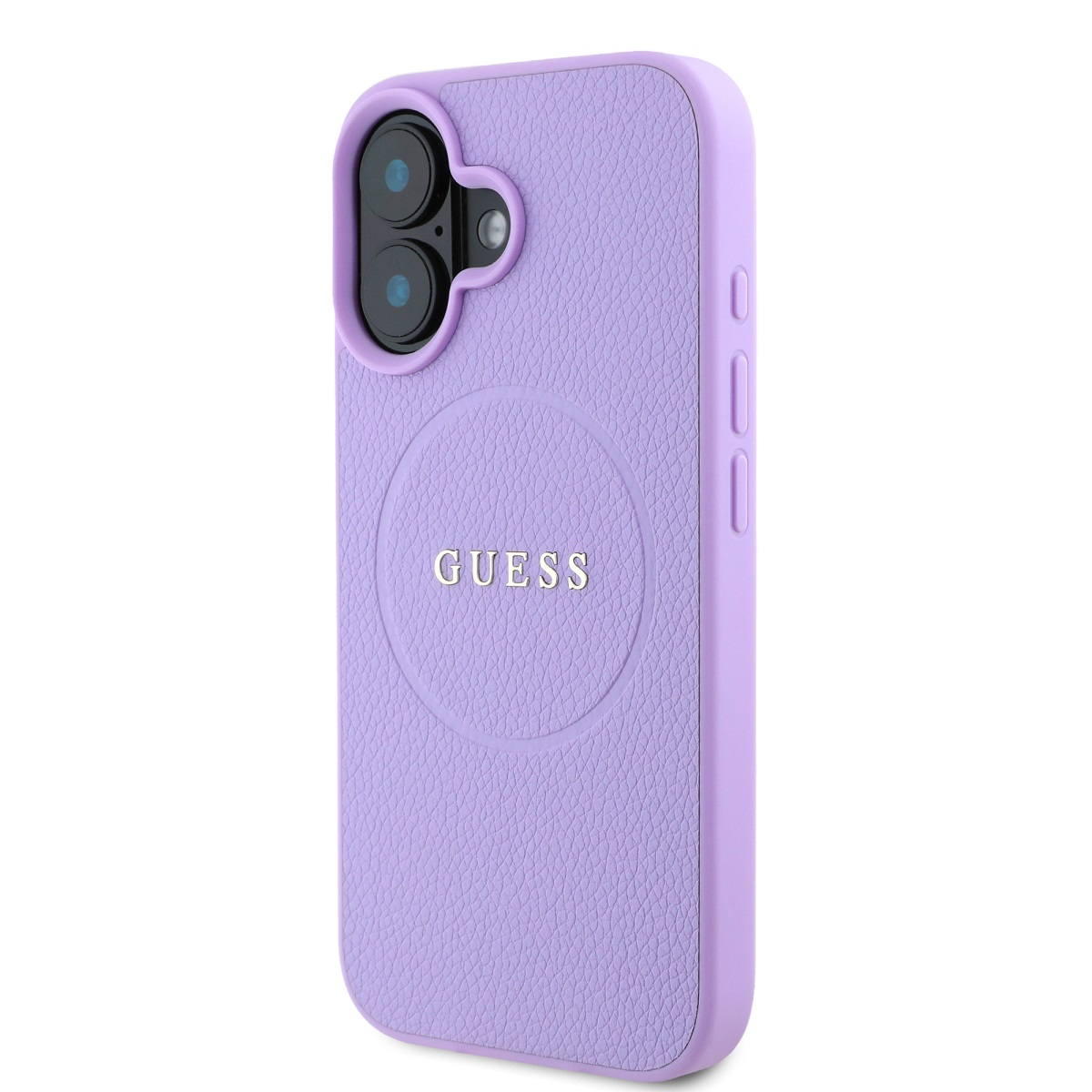 Custodia per telefono Guess viola con logo Guess. Fotocamera del telefono in alto. Sfondo bianco.