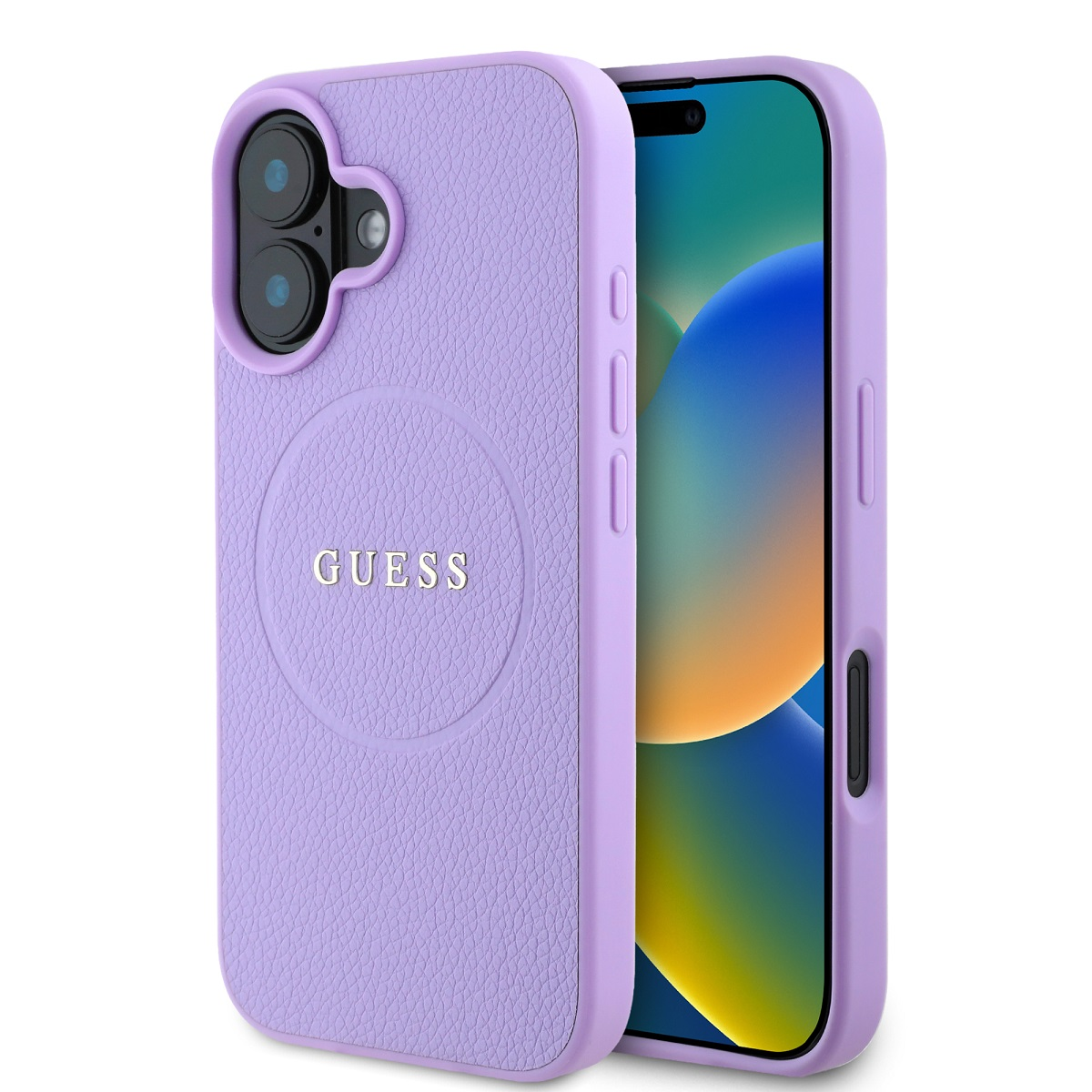 Custodia Guess viola con logo bianco. Telefono visibile. Sfondo bianco.