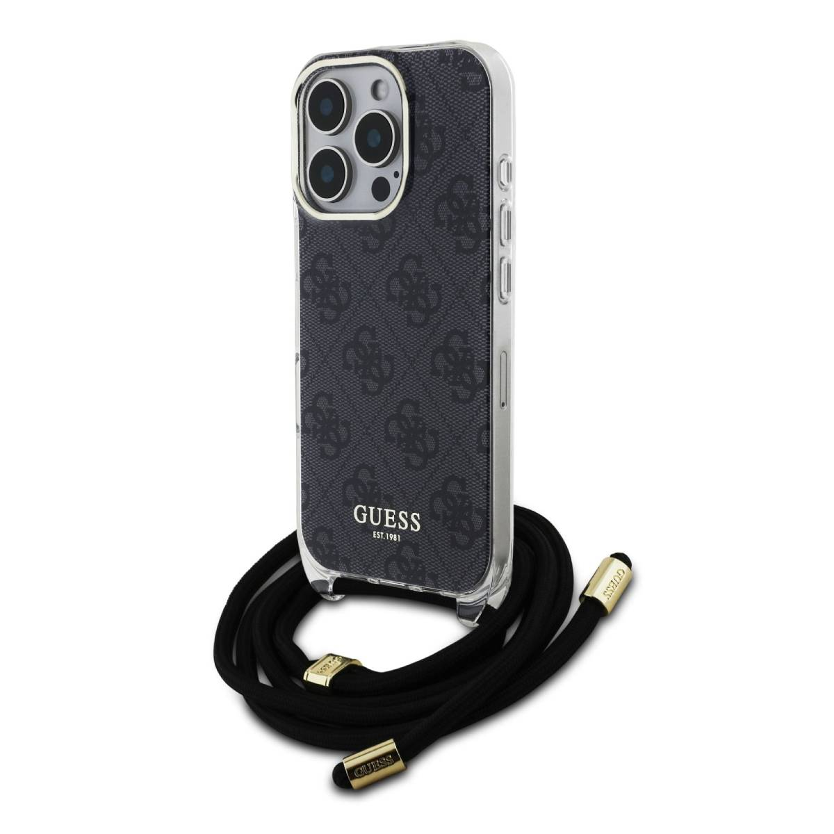 Telefono in una custodia Guess nera e grigia con cinturino su sfondo bianco.