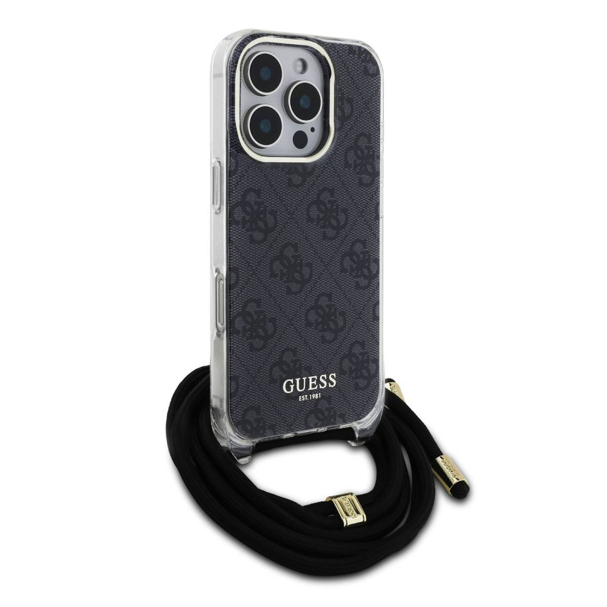 Custodia per telefono con corda nera. Motivo logo Guess nero e grigio. Sfondo nero.