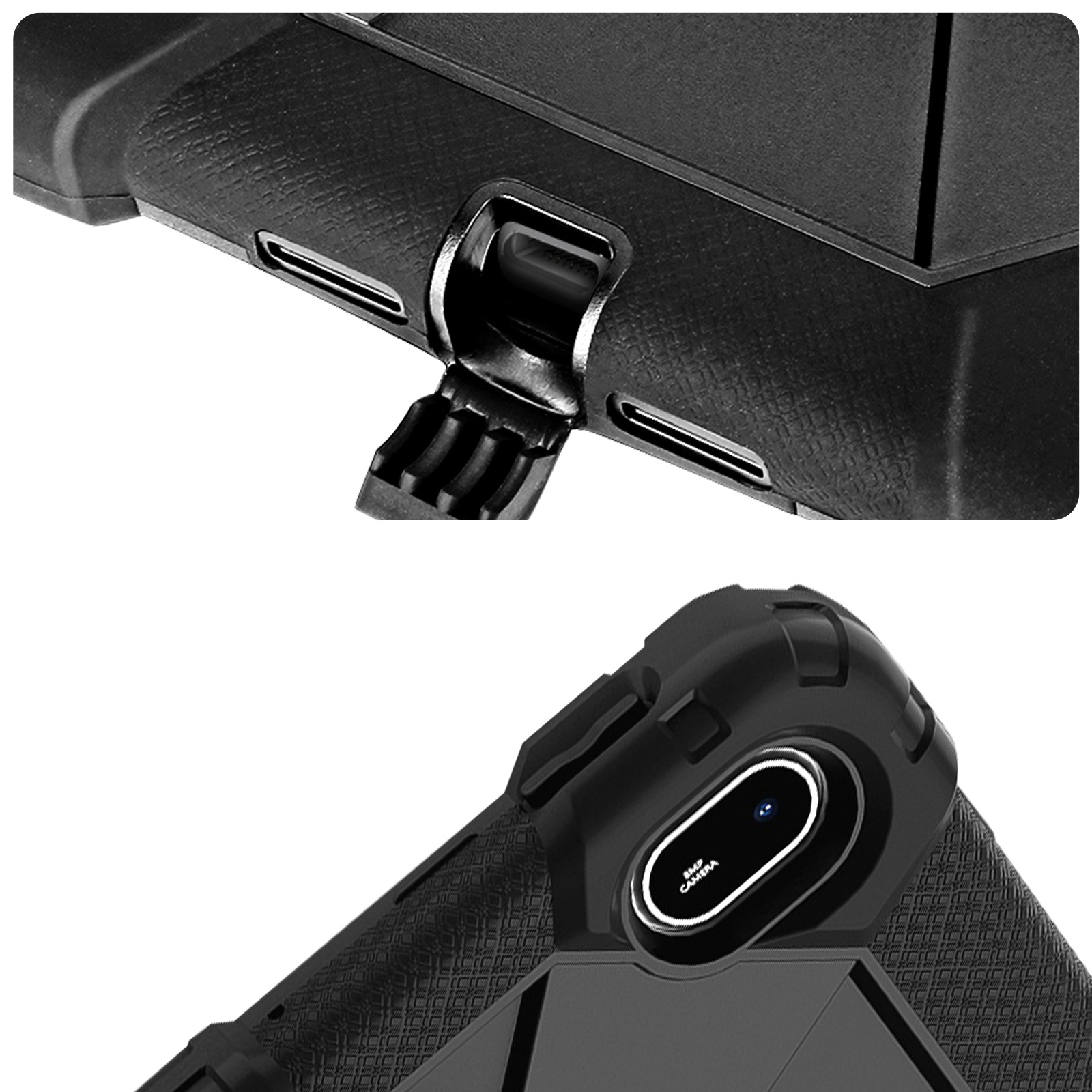 Details der Tablethülle. Die schwarze Hülle hat eine Kameraöffnung. Weißer Hintergrund.