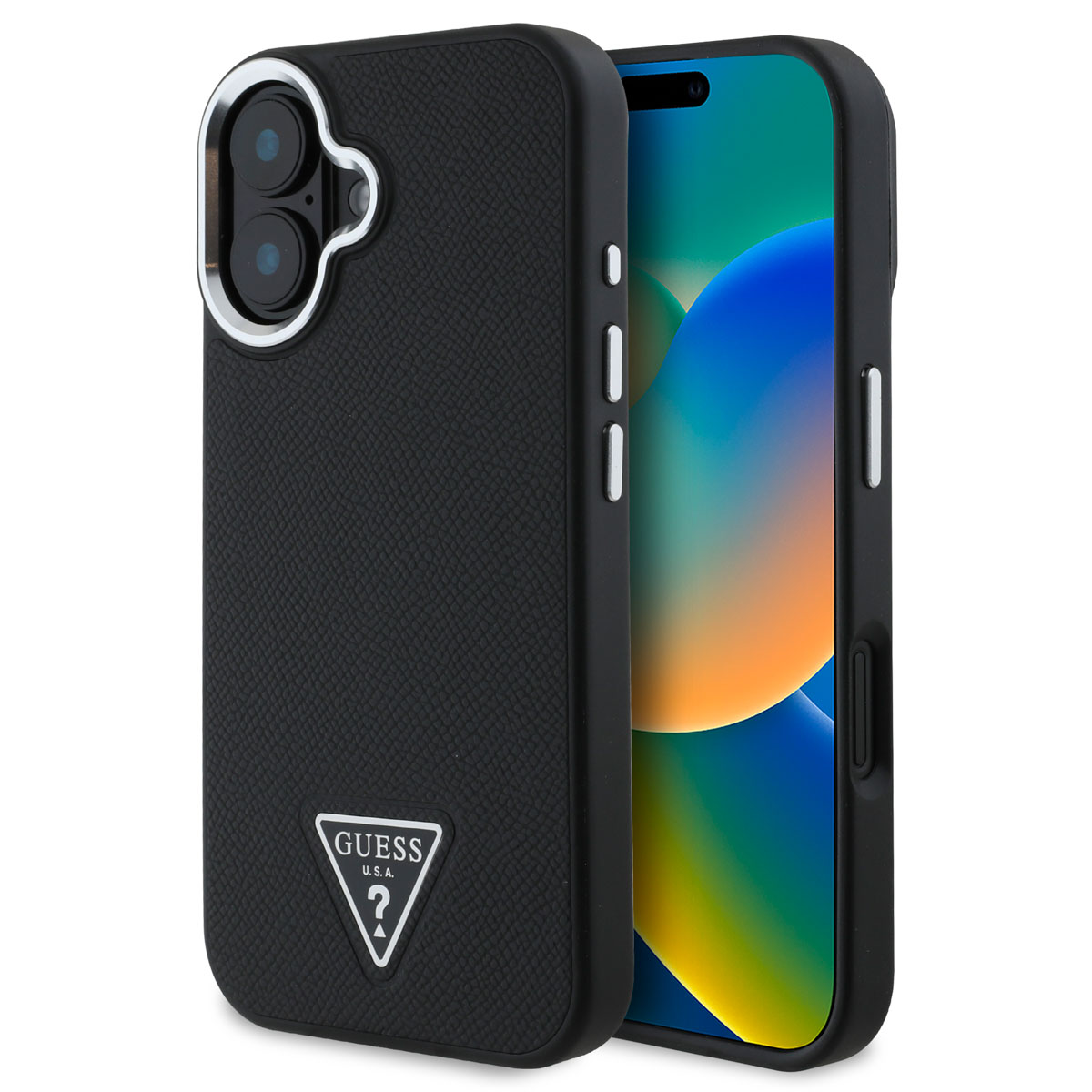 Custodia nera per telefono con logo Guess e sfondo bianco.