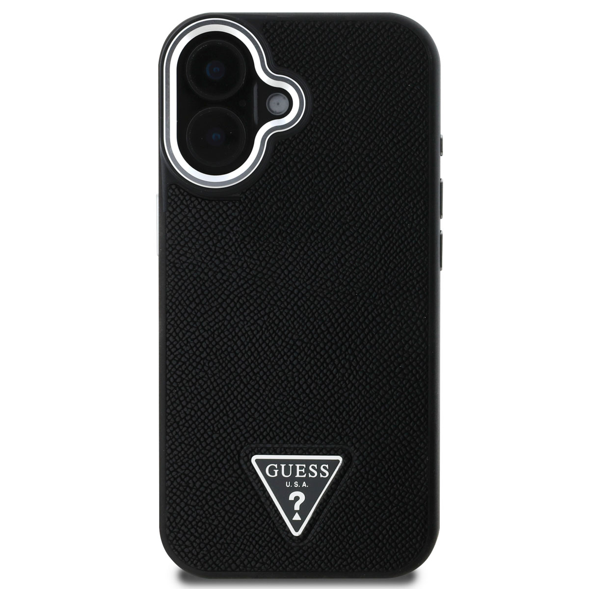 Custodia per telefono Guess nera con anello fotocamera argentato. Il logo Guess è in basso. Il telefono è centrato.