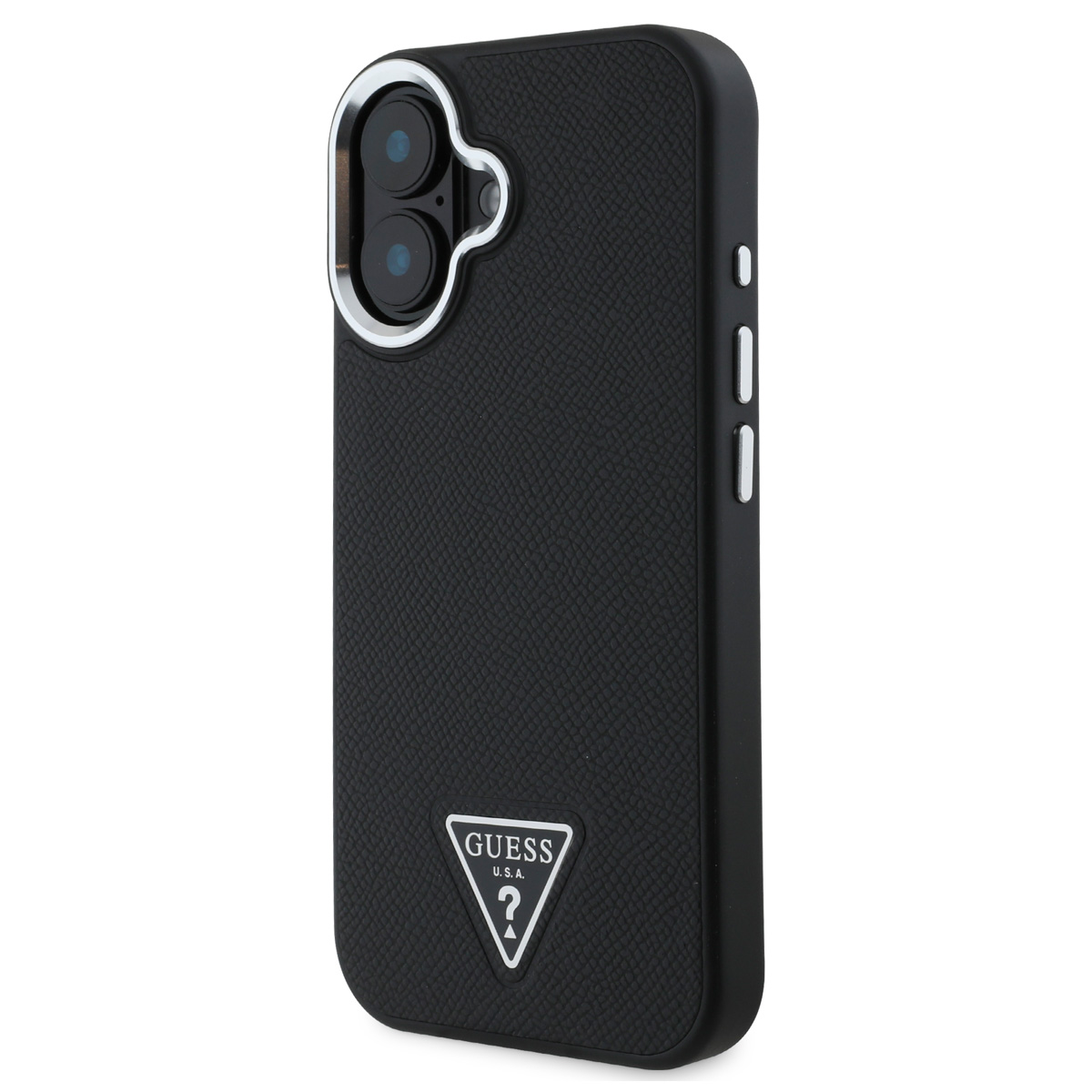Custodia per telefono Guess nera, con anello fotocamera argentato. Il logo Guess è in basso. La custodia è su sfondo bianco.