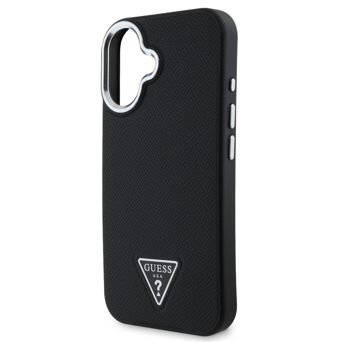 Custodia per telefono Guess nera. Anello fotocamera argentato. Logo Guess USA in basso. Sfondo bianco.