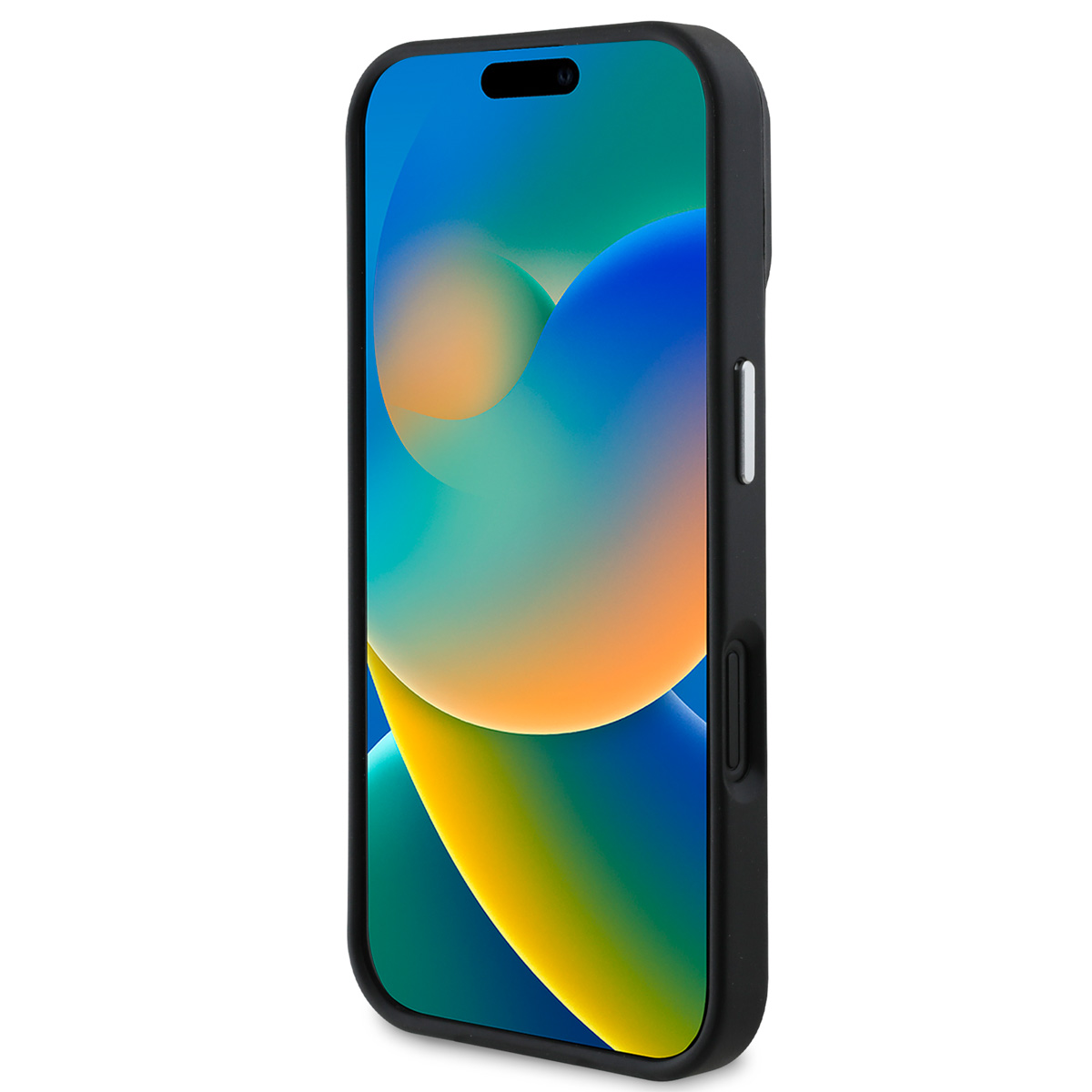 Custodia per telefono nera con schermo colorato. Lo schermo mostra una sfumatura blu, gialla e verde. Il telefono ha una cornice nera.