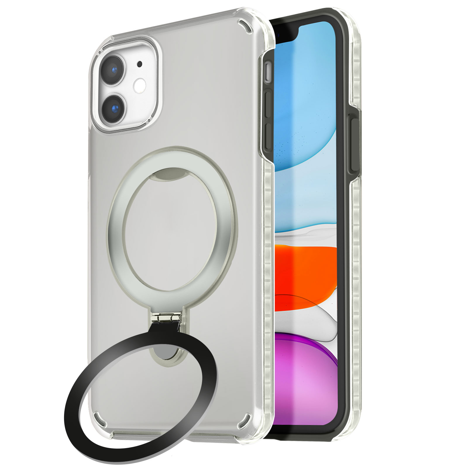 Custodia trasparente per iPhone con anello. Telefono visibile. Sfondo bianco.