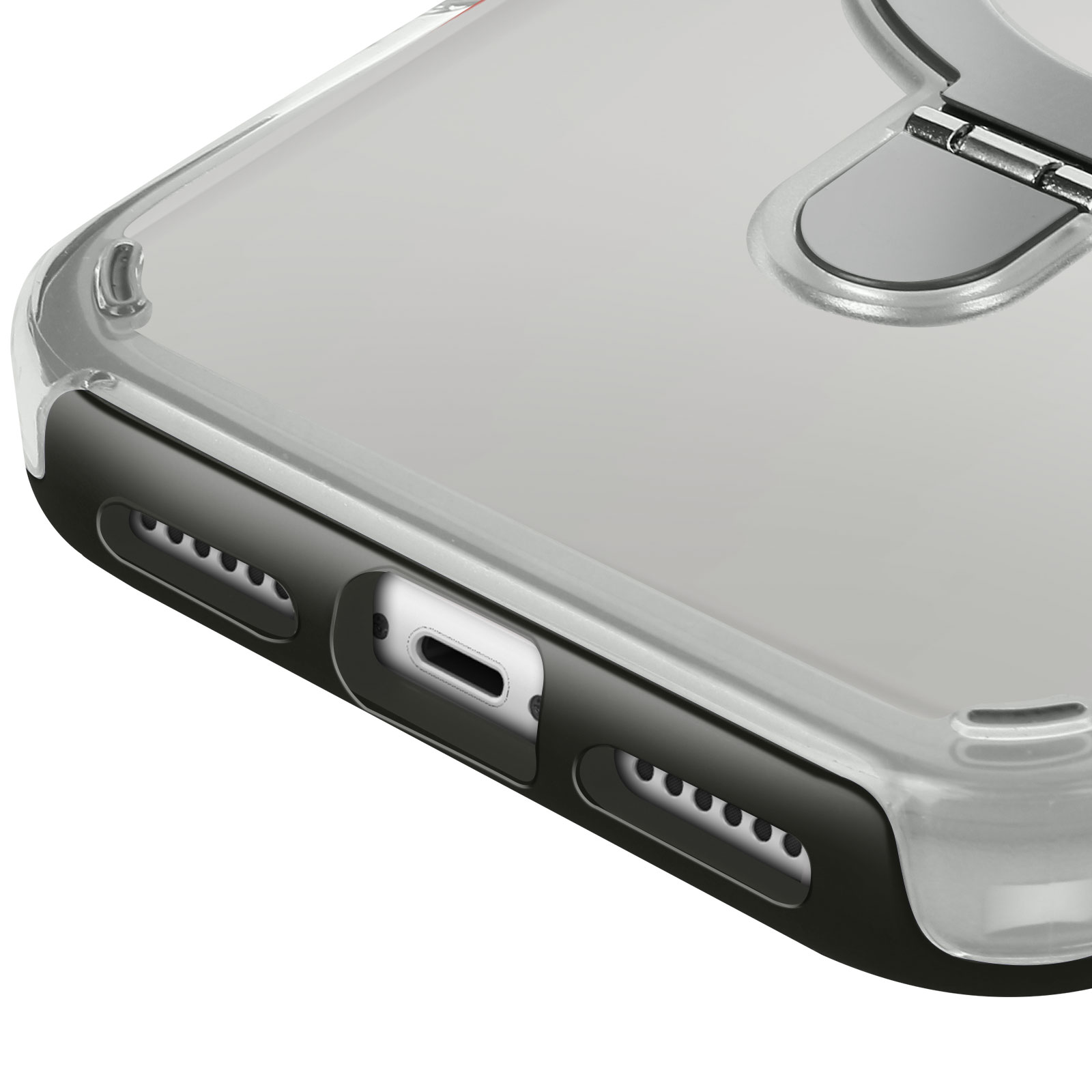 Primo piano di custodia trasparente per iPhone con anello. Sfondo bianco e nero.