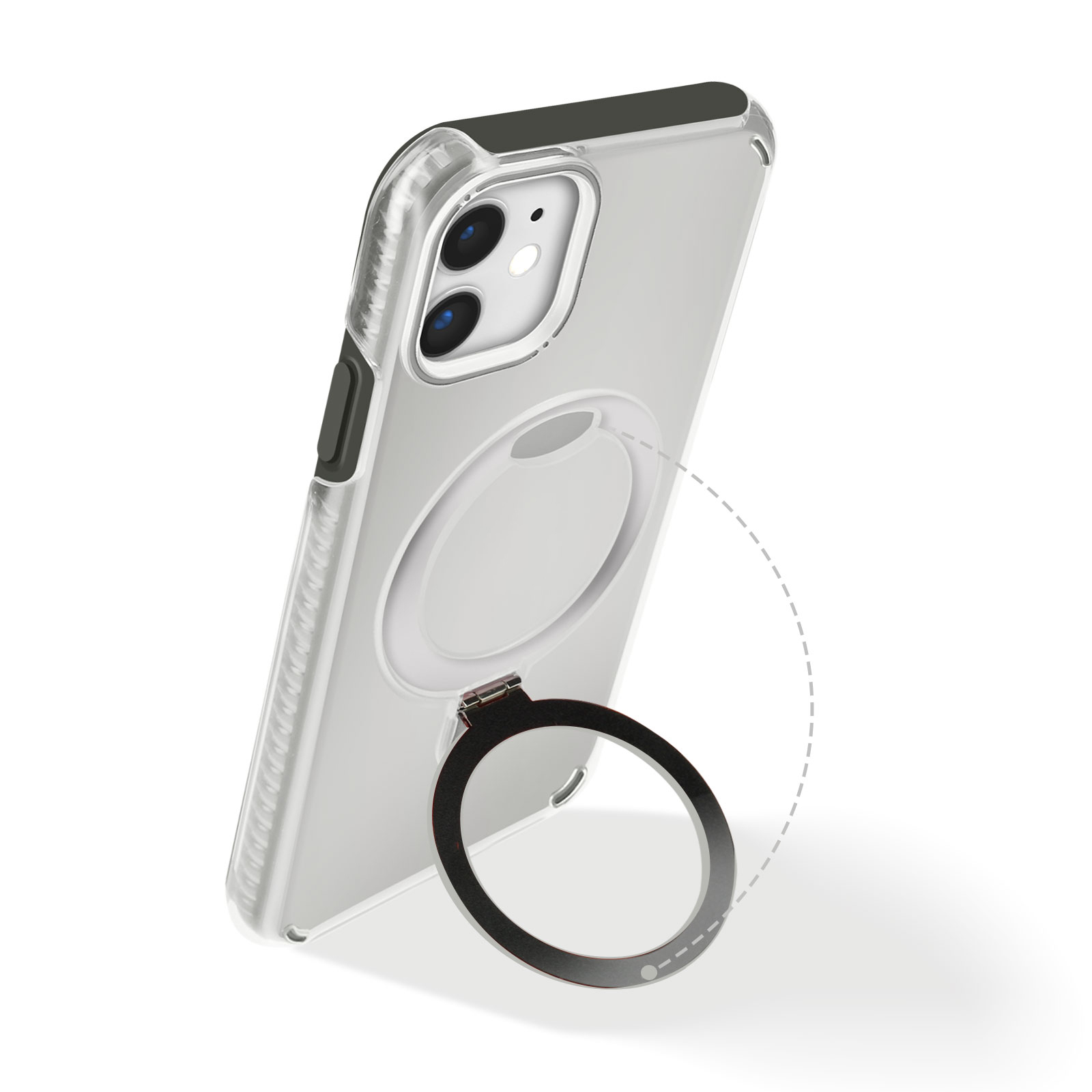 Custodia trasparente per iPhone con anello. Telefono visibile. Sfondo bianco.