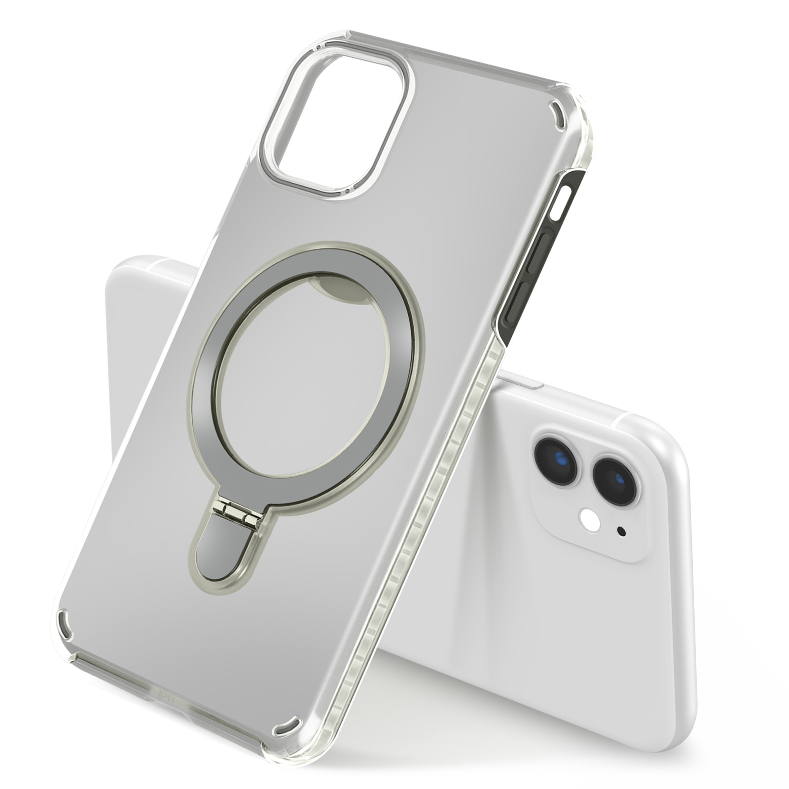 Custodia trasparente con anello di supporto. Telefono nella custodia. Sfondo bianco.