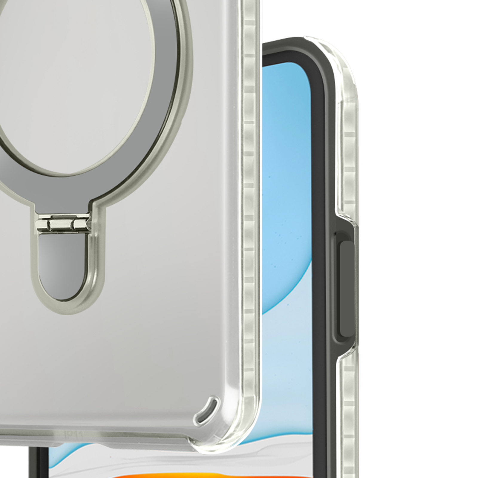 Custodia trasparente per telefono con anello grigio. Il telefono è parzialmente visibile. Sfondo bianco.