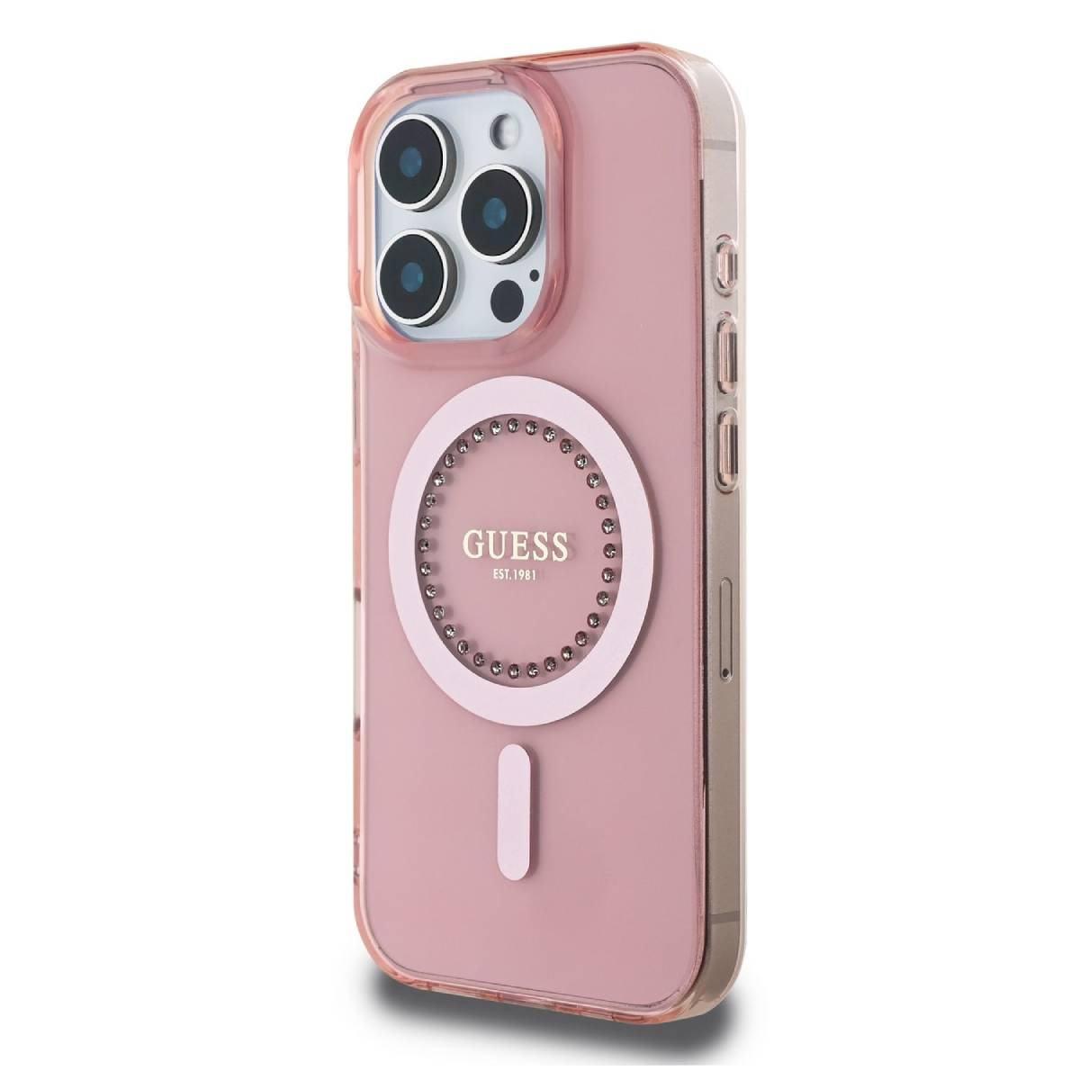 Custodia rosa per telefono con logo Guess e anello di cristallo. C'è un telefono dentro. Sfondo bianco.