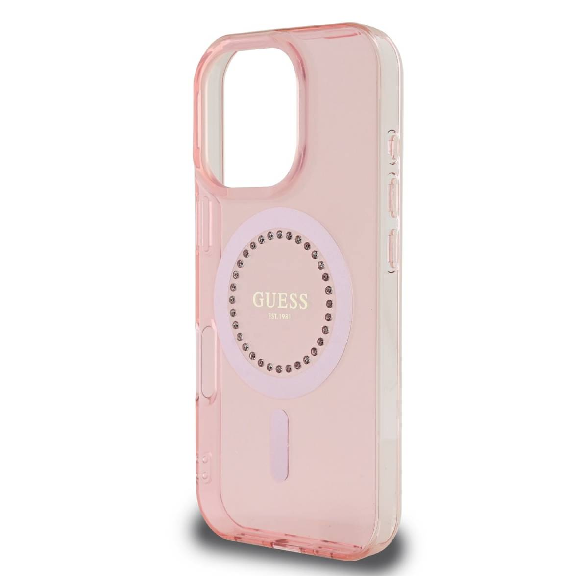 Custodia per telefono Guess rosa trasparente con un cerchio bianco al centro e la scritta Guess.