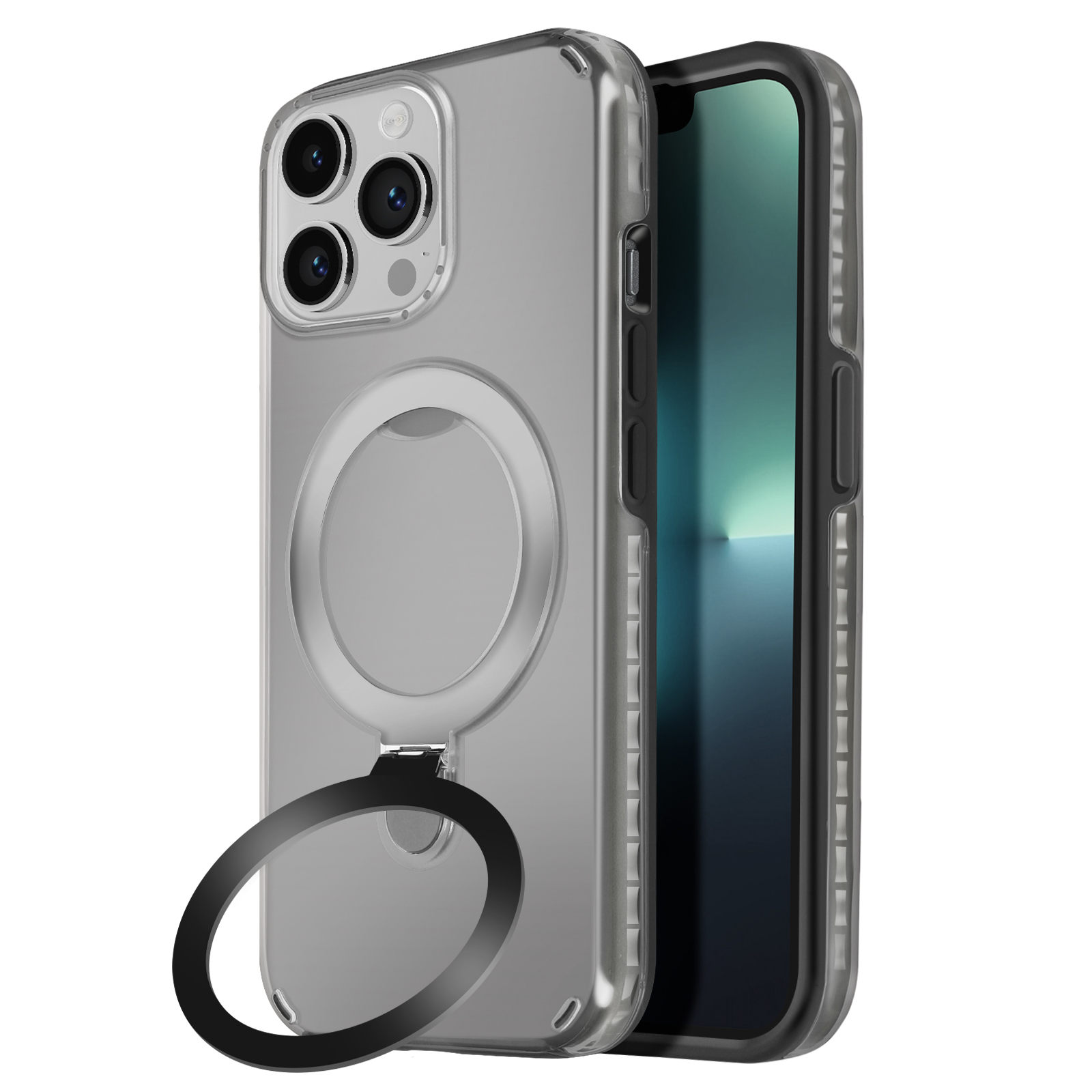 Custodia trasparente con anello nero. Il telefono ha una fotocamera ed è parzialmente visibile. Sfondo bianco.