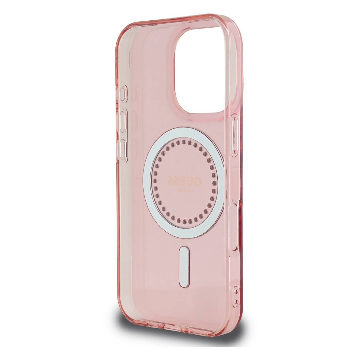 Custodia rosa per telefono con anello. Ha un logo Guess ed è trasparente. Sfondo bianco.