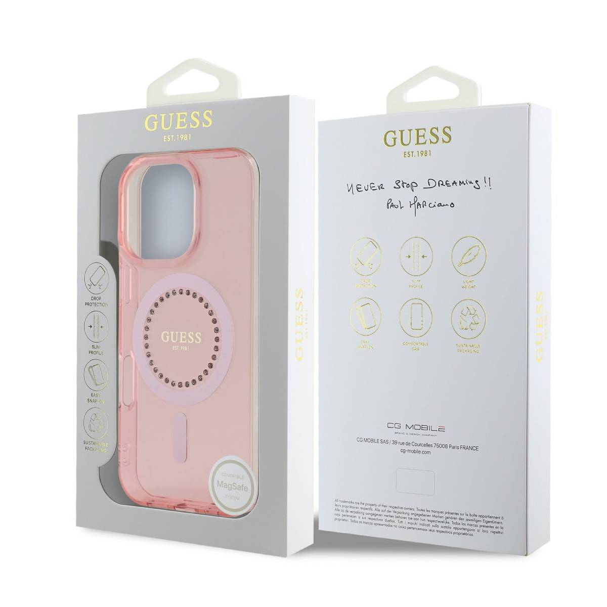 Custodia rosa per telefono con logo Guess e anello. Il telefono è nella scatola. Sfondo bianco.