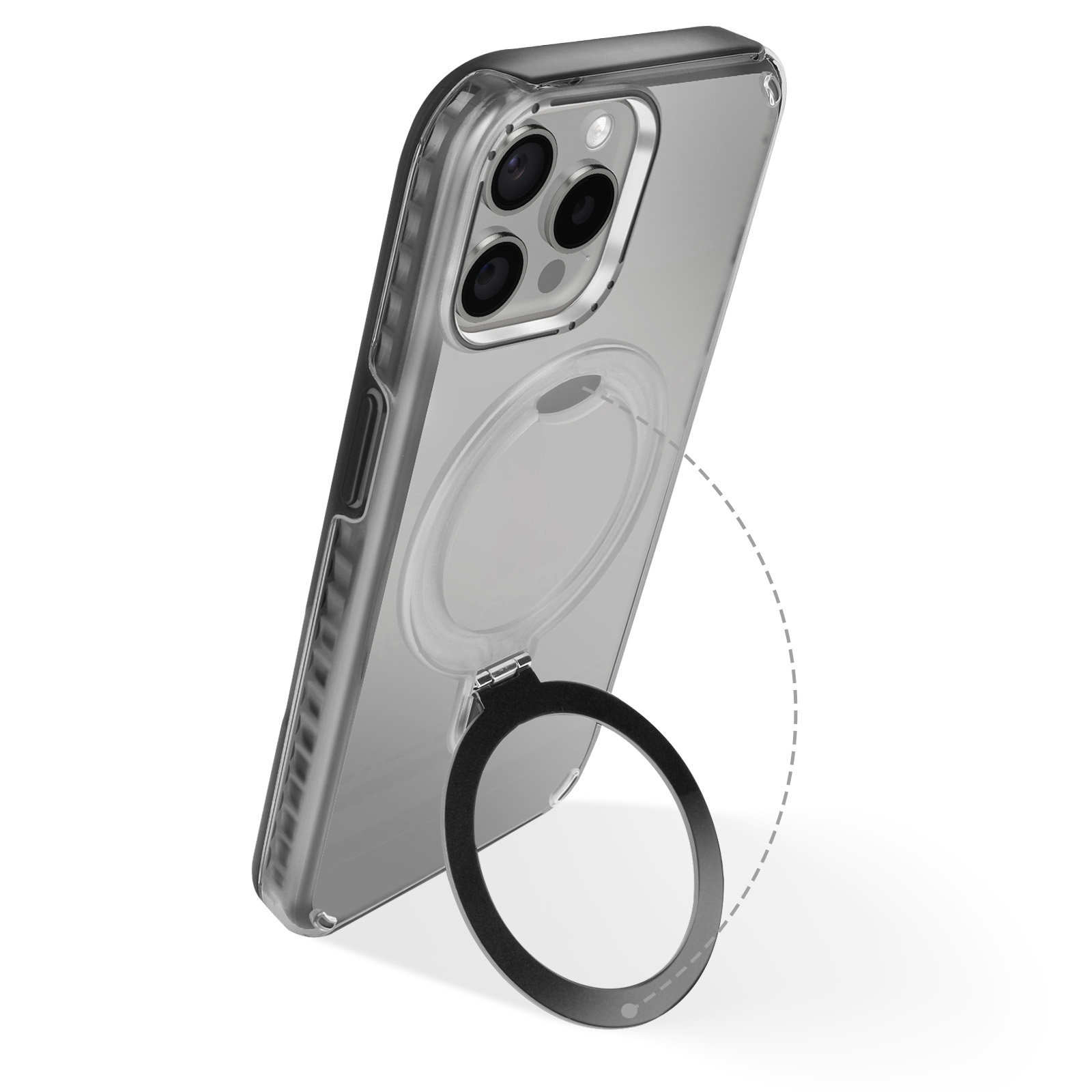 Custodia trasparente con anello nero. Il telefono è parzialmente visibile. L'anello è staccato. Sfondo bianco.