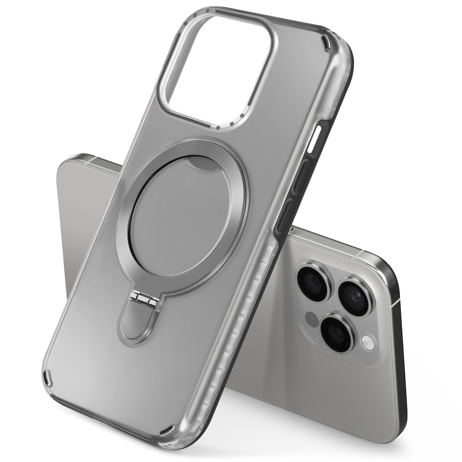 Custodia trasparente per telefono con anello grigio. Sono visibili due telefoni. Sfondo bianco.