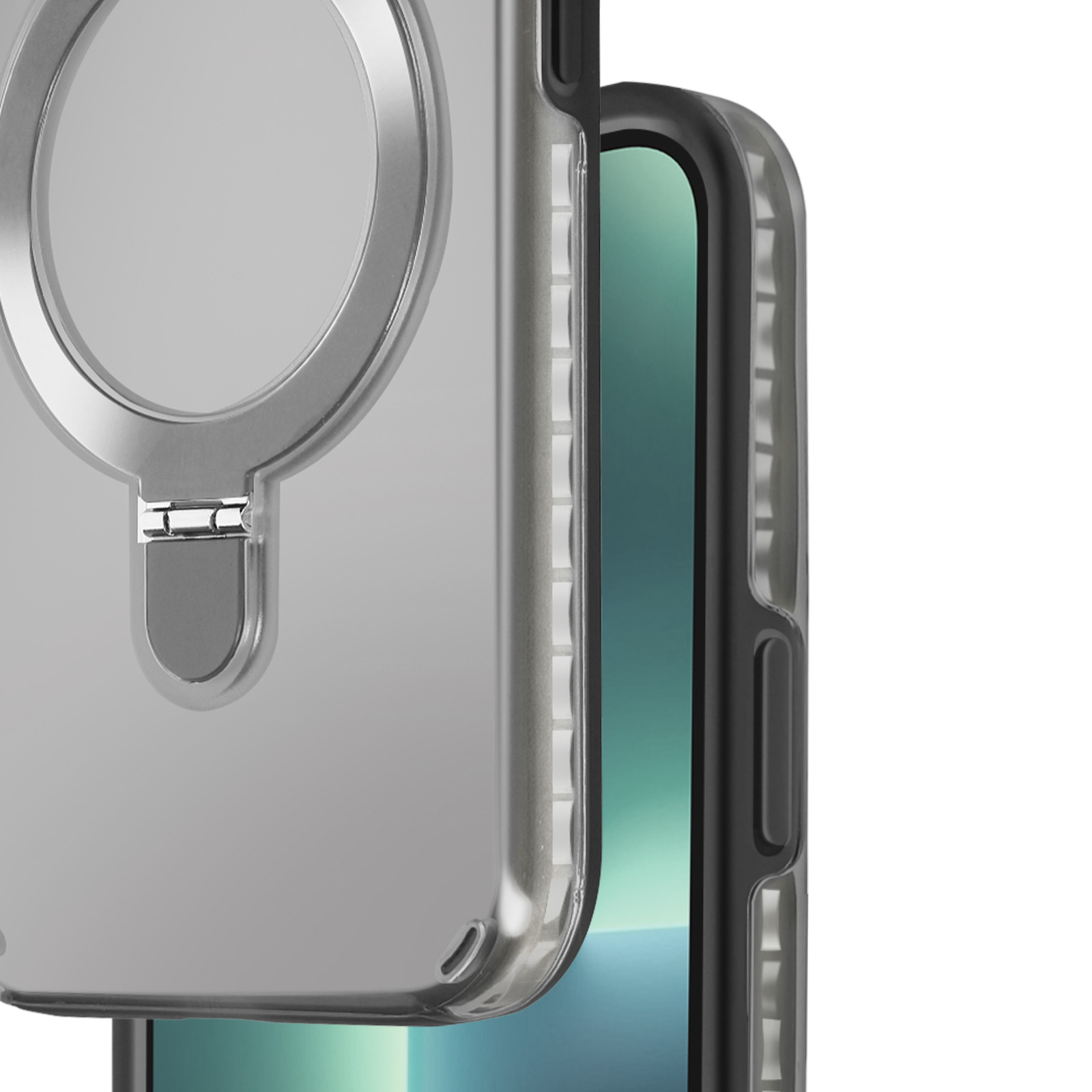 Primo piano di un telefono con supporto ad anello argentato.