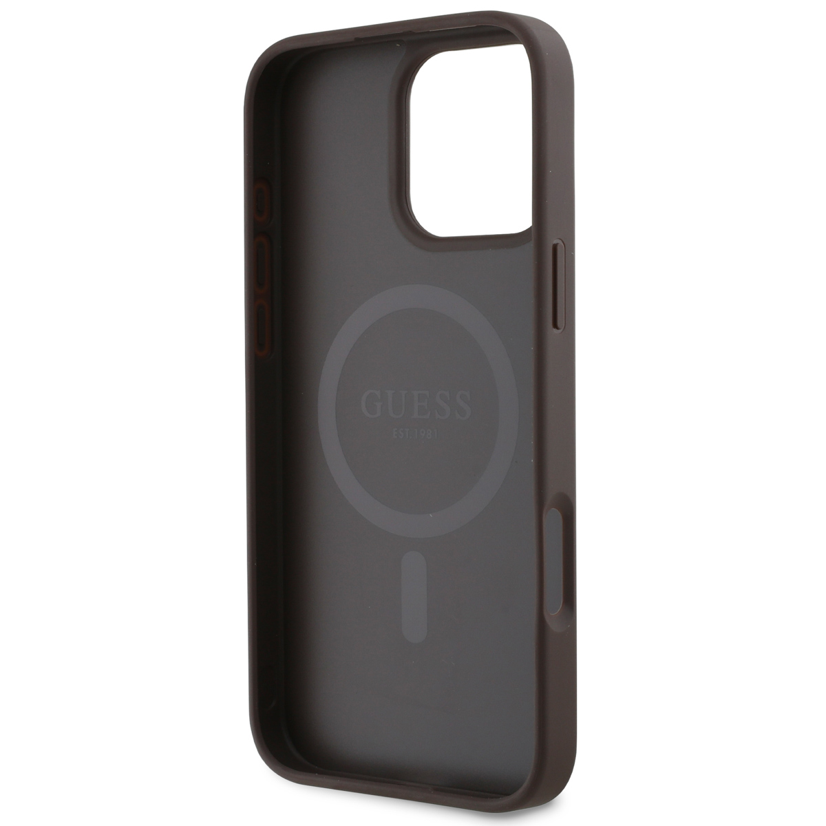 Funda de teléfono marrón con el logotipo de Guess en el centro y un recorte para la cámara.