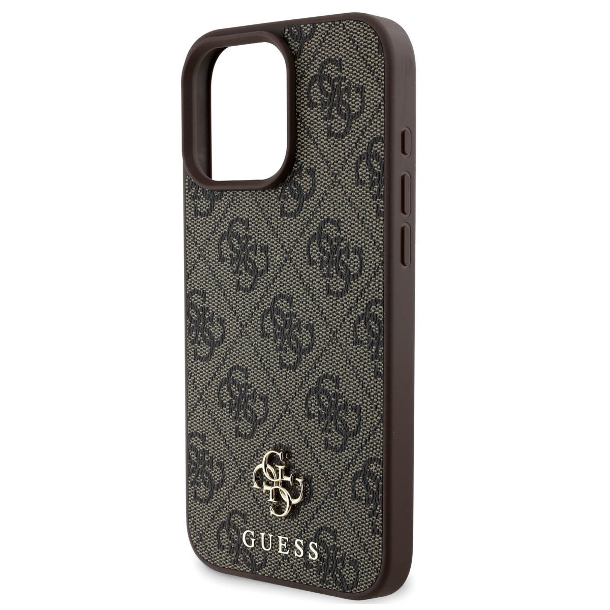 Funda para teléfono con el logotipo de Guess. La funda tiene un patrón marrón y gris. Fondo blanco.