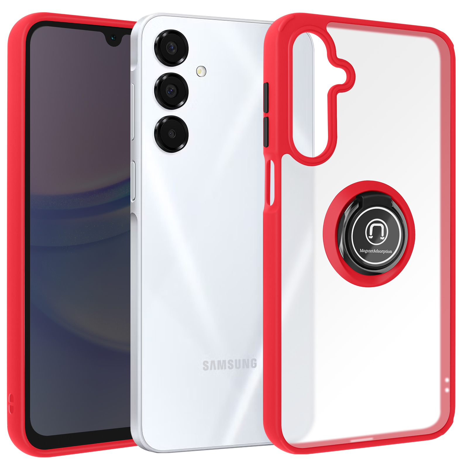 Telefono Samsung in cornice rossa con supporto ad anello.