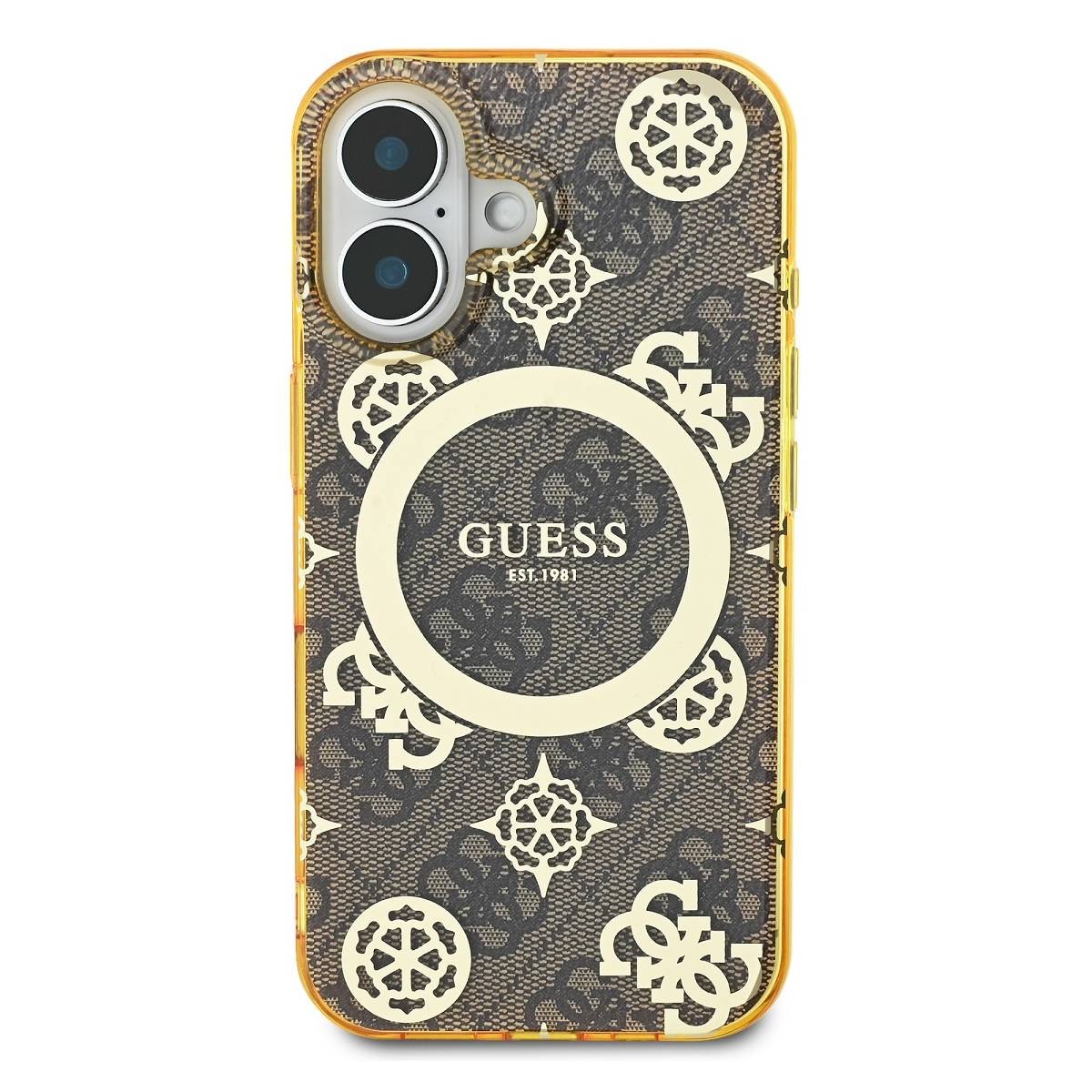 Custodia per telefono con motivo marrone e oro, logo Guess, due fotocamere e sfondo bianco.
