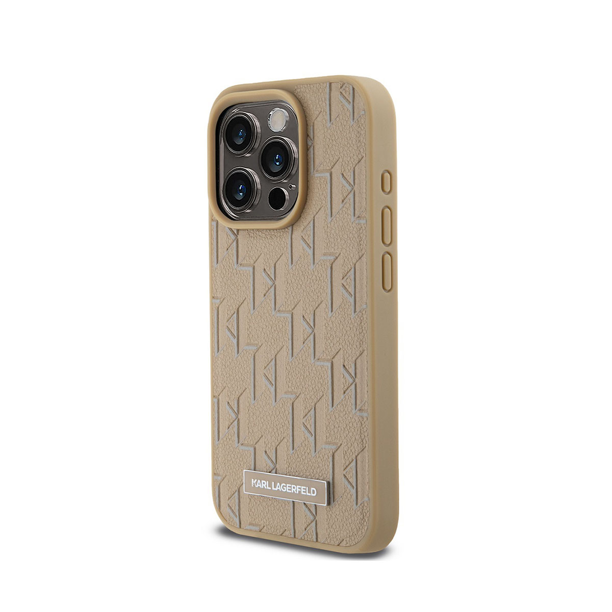Custodia beige con motivo logo Karl Lagerfeld. Vista laterale, sfondo bianco.