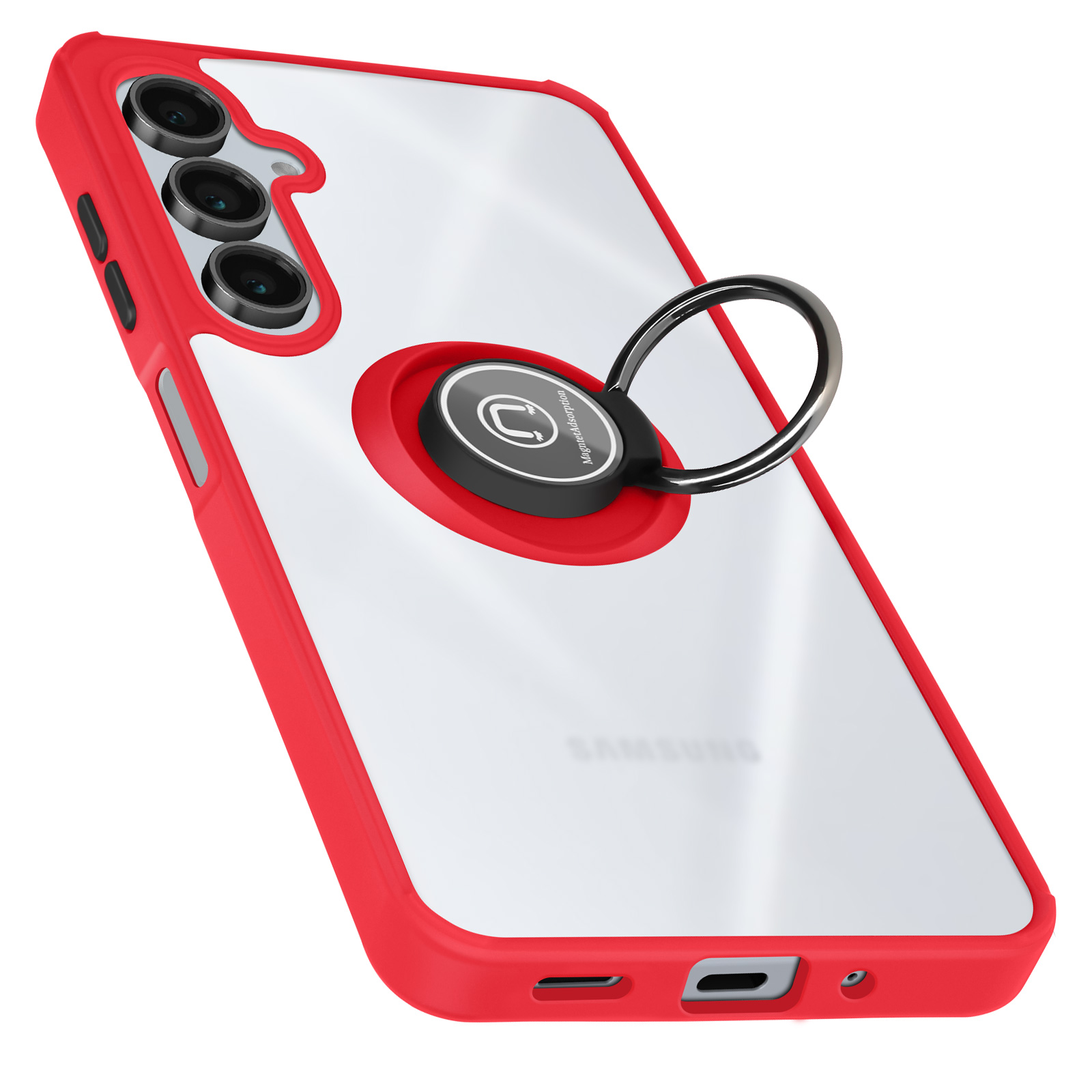 Custodia per telefono rossa e trasparente con anello nero e tre fotocamere, sfondo bianco.