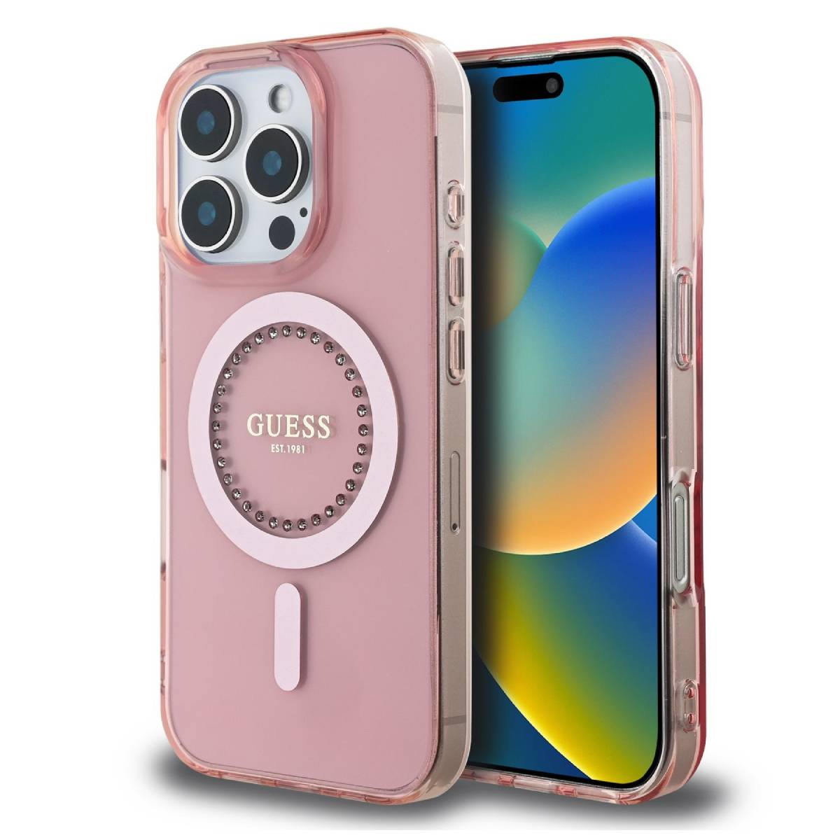 Custodia rosa con logo Guess, telefono rosa e tre fotocamere, tutto su sfondo bianco.