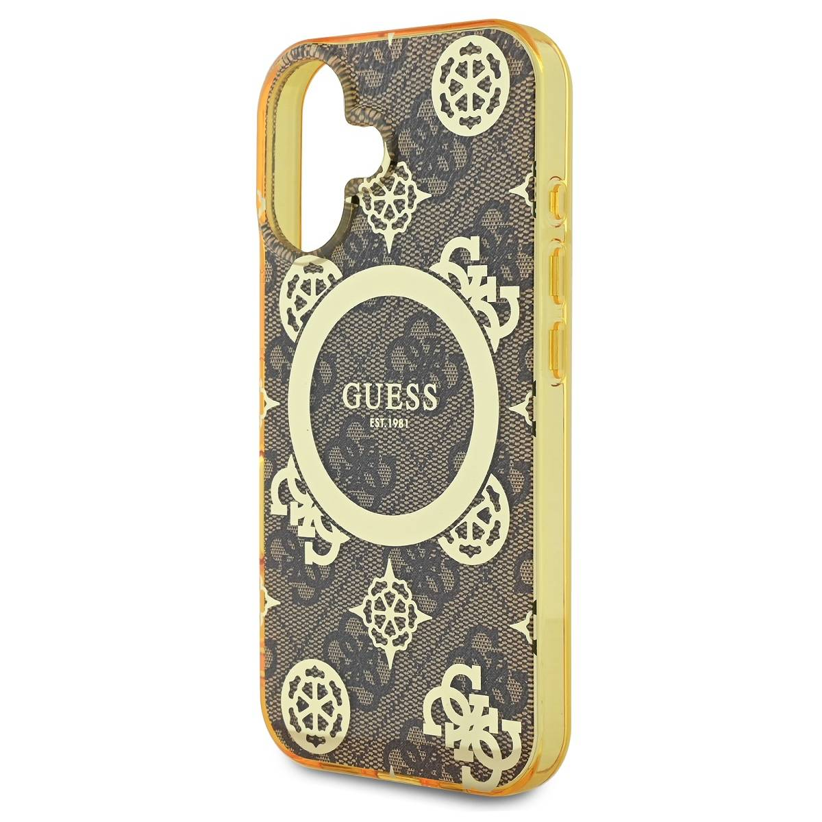 Custodia gialla con logo Guess e motivo ripetuto.
