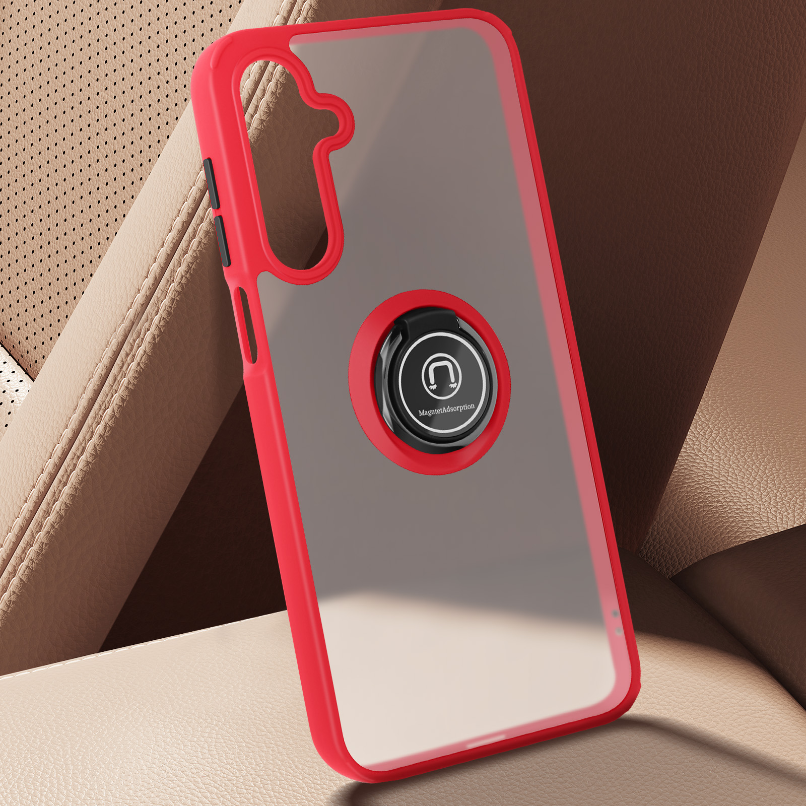 Custodia per telefono rossa e trasparente con anello nero, con sfondo interno auto.