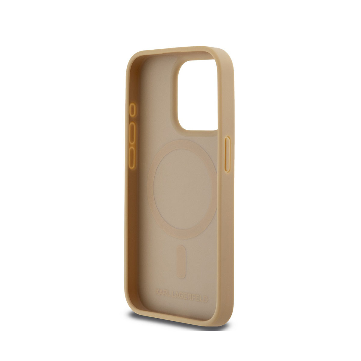 Custodia beige, vista interna. Sfondo bianco.