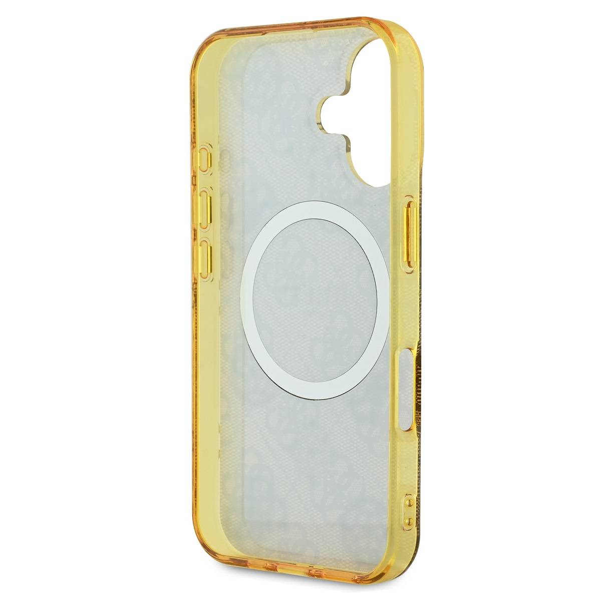Custodia per telefono gialla, retro trasparente, con un cerchio bianco e sfondo bianco.