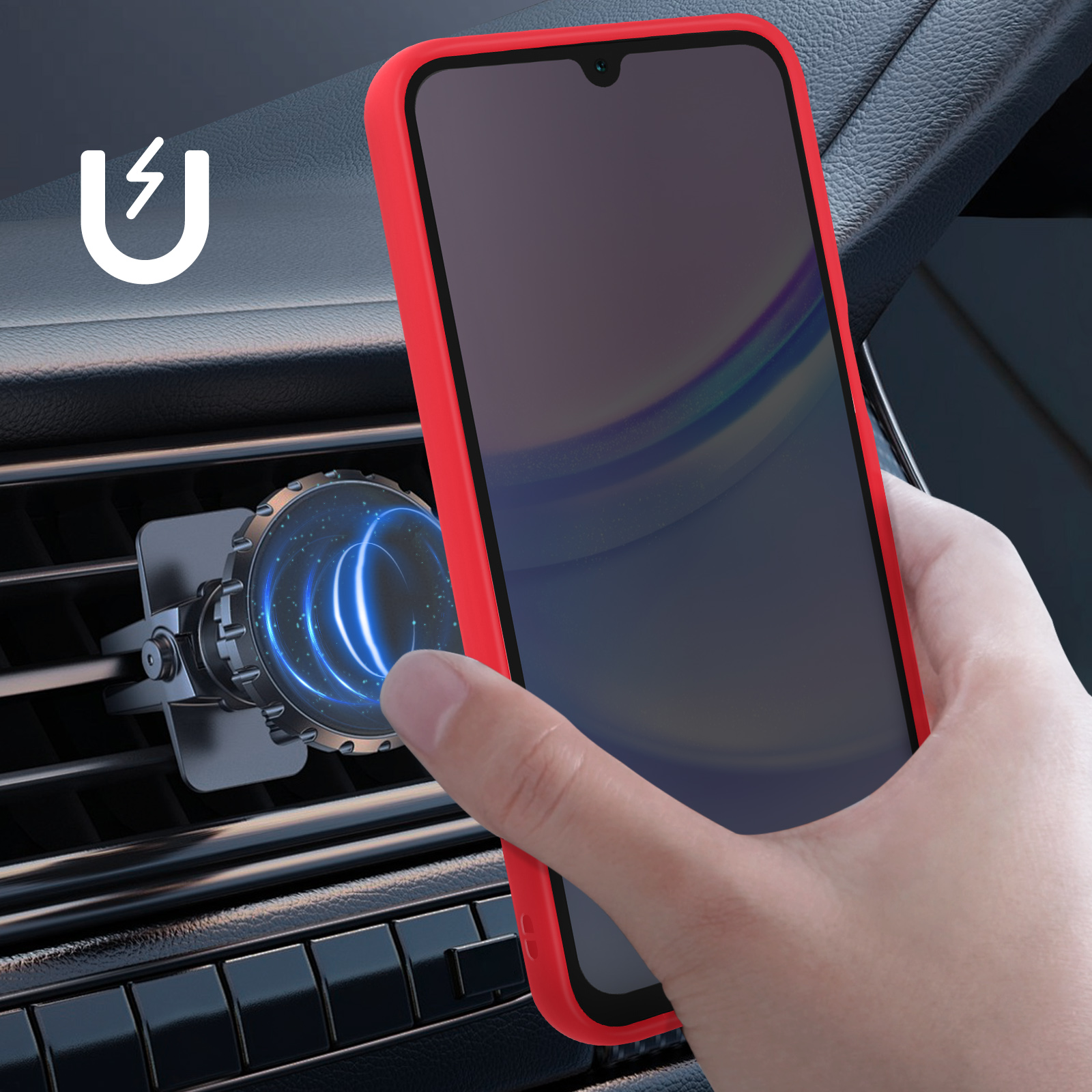 Telefono in auto, con custodia rossa e supporto magnetico, con sfondo interno auto.