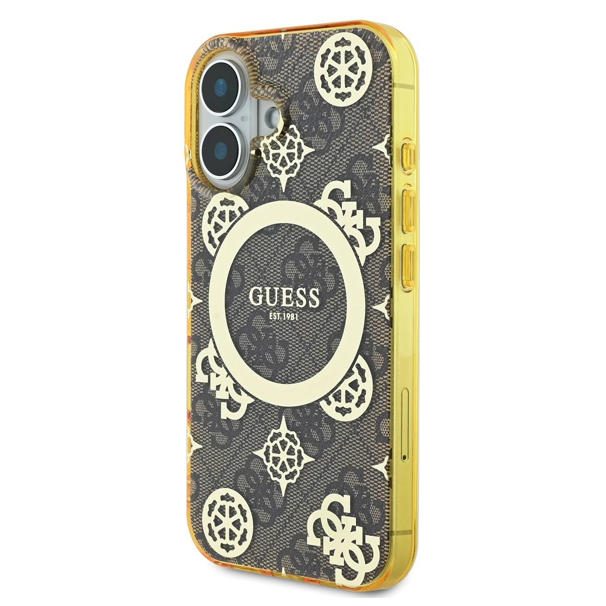 Custodia per telefono con motivo marrone e oro, logo Guess, due fotocamere e sfondo bianco.