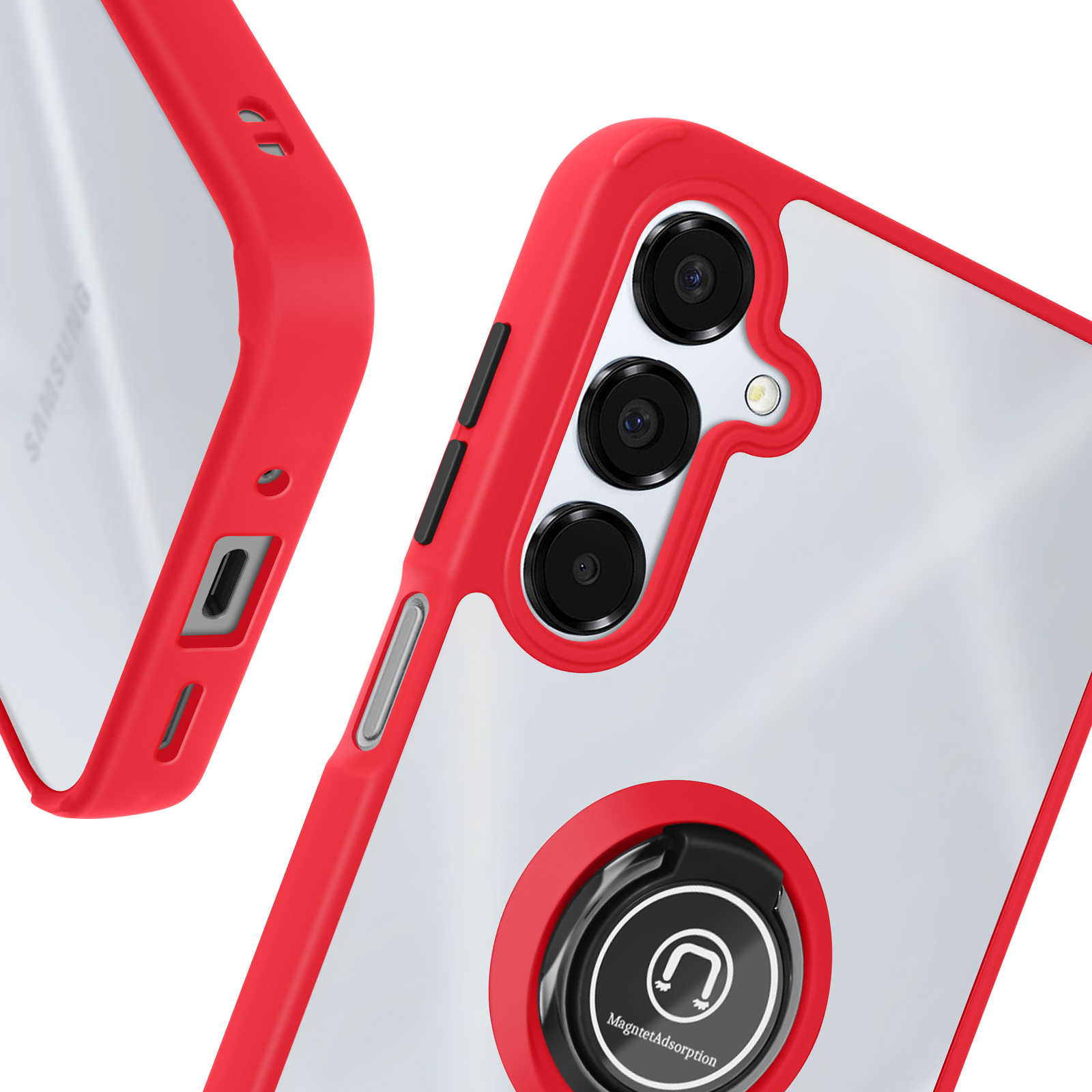 Custodia per telefono rossa e trasparente. Tre fotocamere e anello nero, sfondo bianco.