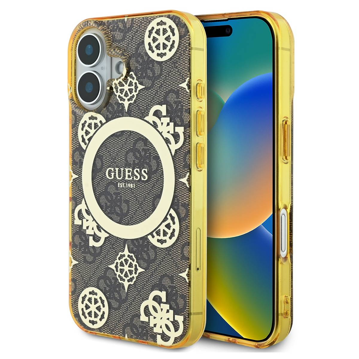 Custodia per telefono con motivo marrone e oro, logo Guess, due fotocamere e sfondo bianco.