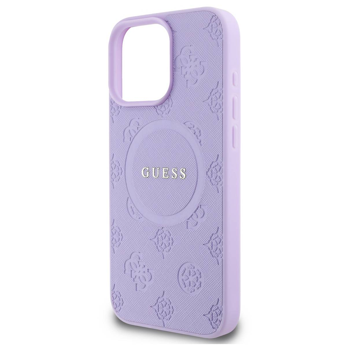 Custodia Guess lilla con un ritaglio per la fotocamera e il logo Guess.