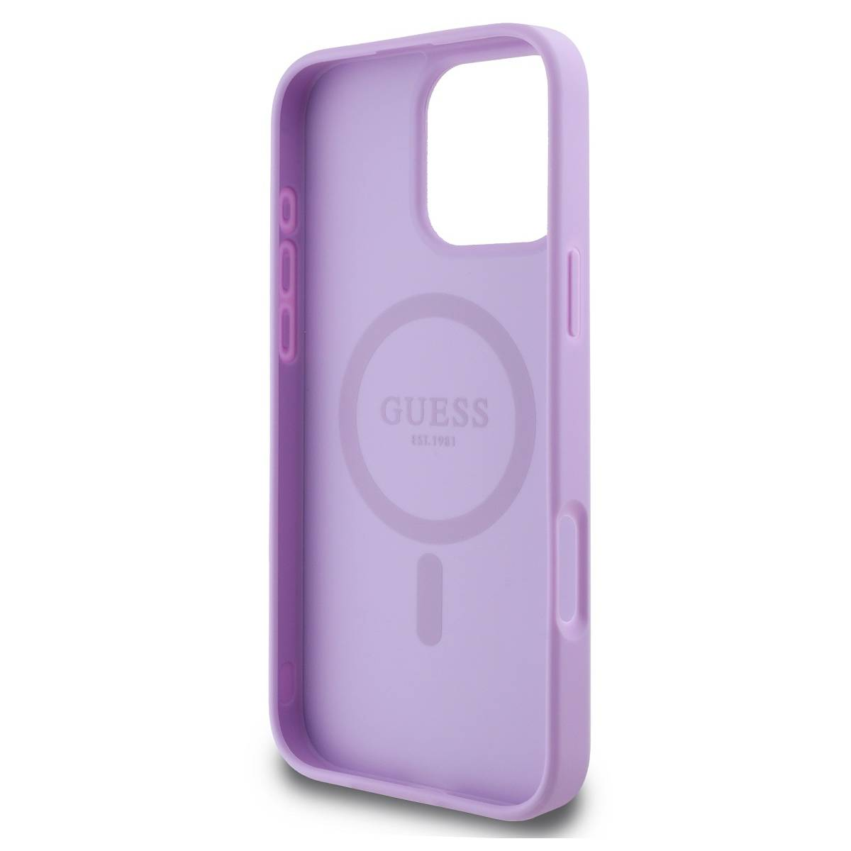 Custodia per telefono viola con logo Guess, sfondo bianco.